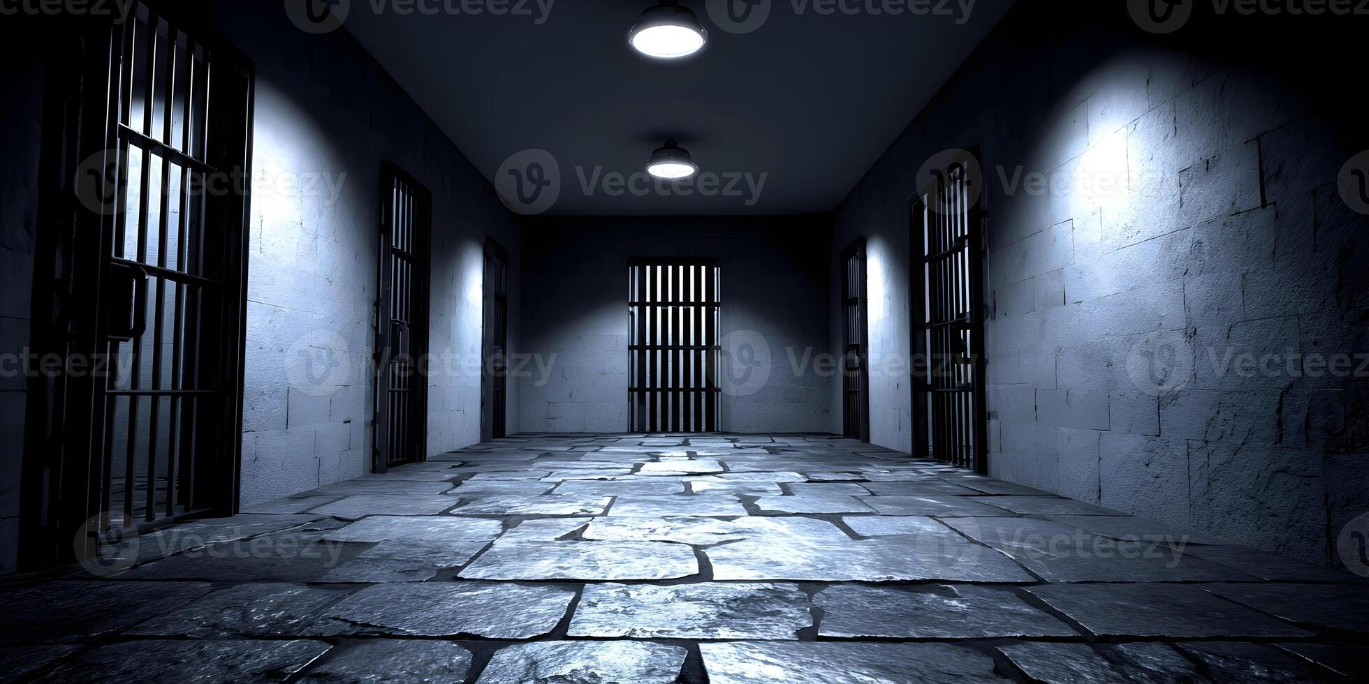 Dark Prison Corridor Night Scene Metal Cell Doors Stone Floor photo