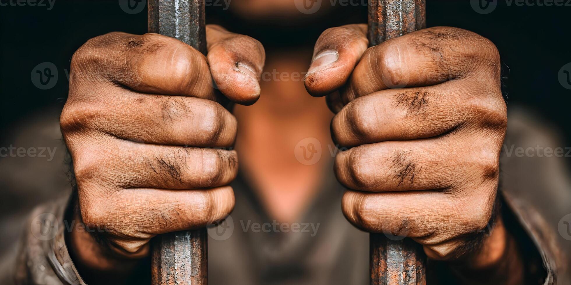 Closeup Dirty Hands Gripping Rusty Prison Bars photo