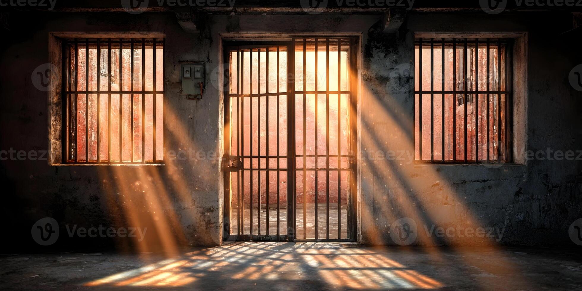 Old Prison Cell Sunlight Through Bars Gate Windows photo