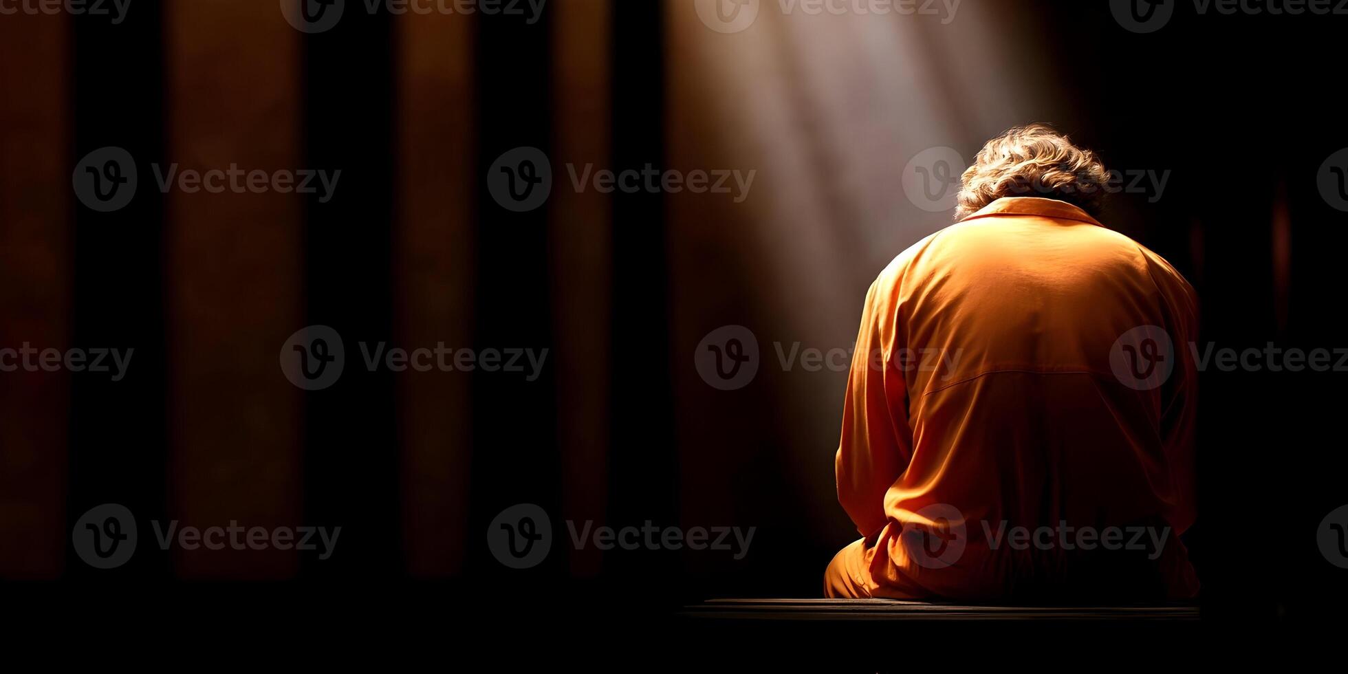 Prisoner in Orange Jumpsuit Sitting Alone in Cell Back View Dark Penitentiary Setting photo