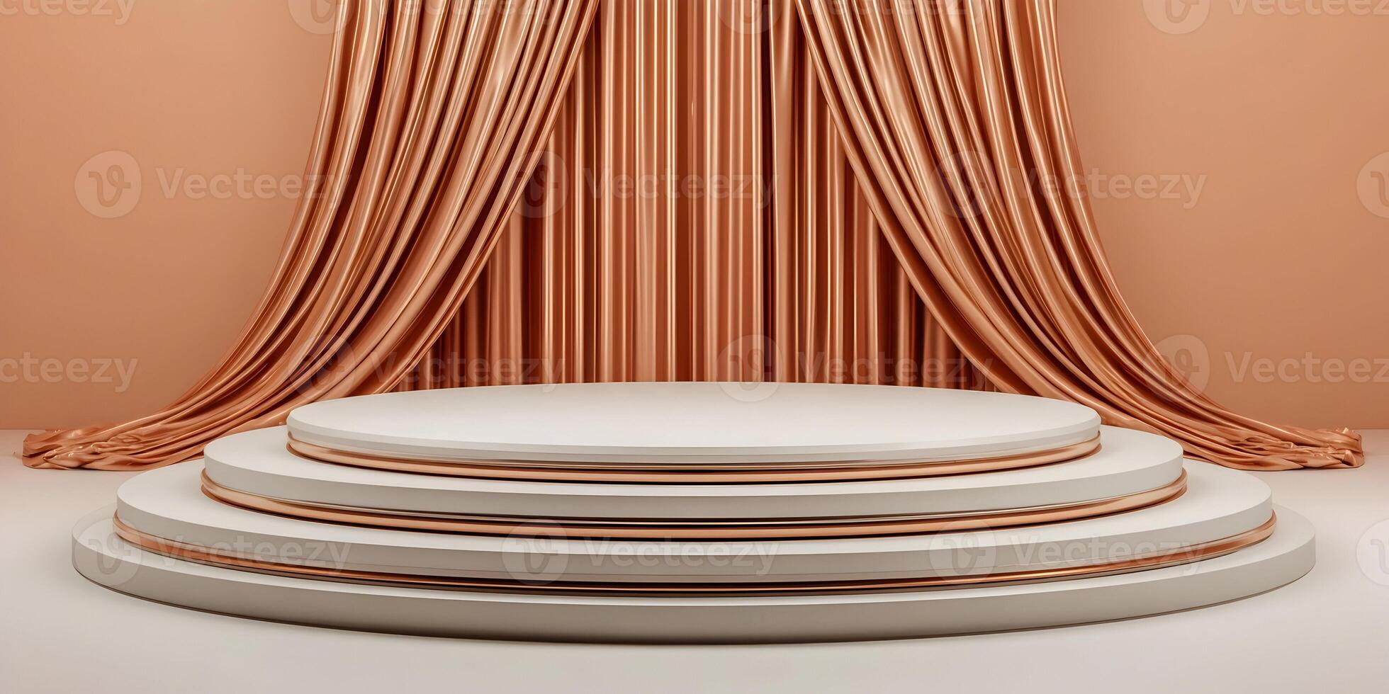 White Round ThreeTiered Pedestal Stage with Copper Satin Drape Background photo
