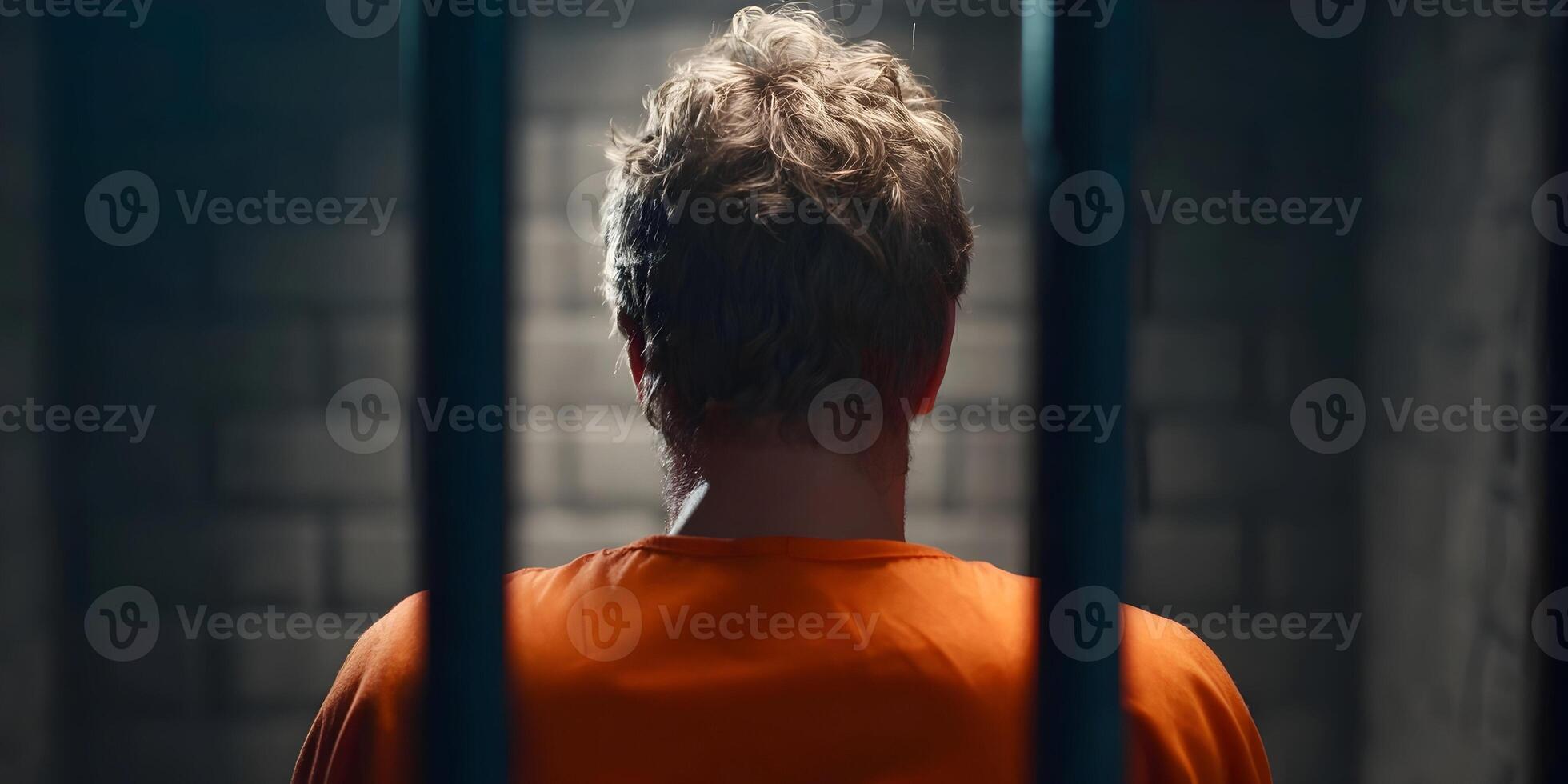 Prisoner in Orange Jumpsuit Behind Bars Jail Cell Inmate Confinement photo