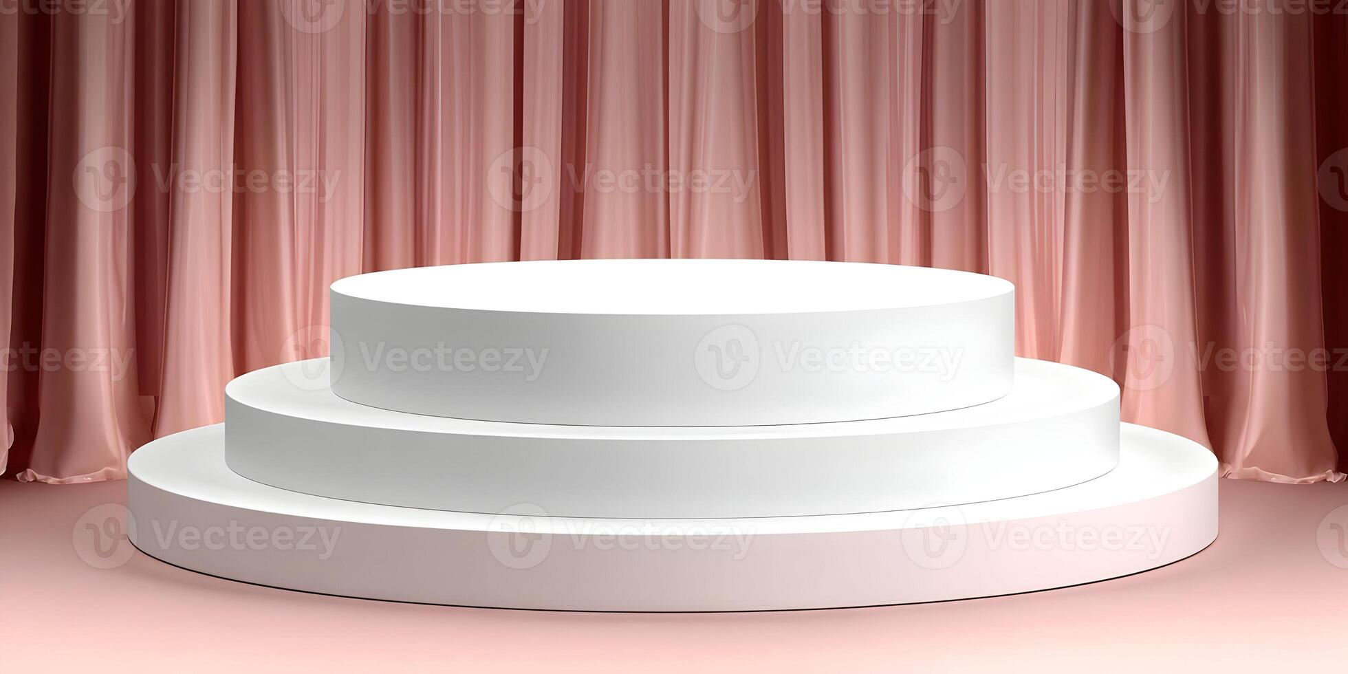 Three Tiered White Display Platform Pink Curtain Background photo