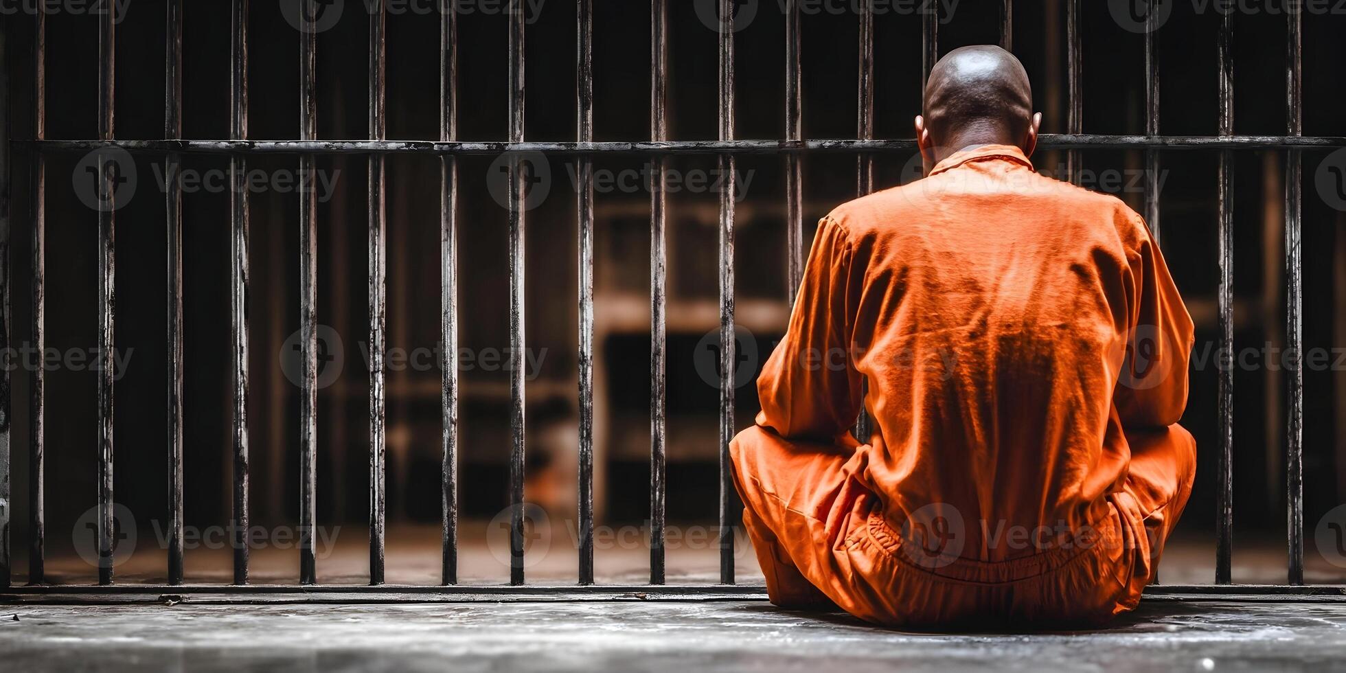 Prisoner in Orange Jumpsuit Sitting Before Jail Bars photo