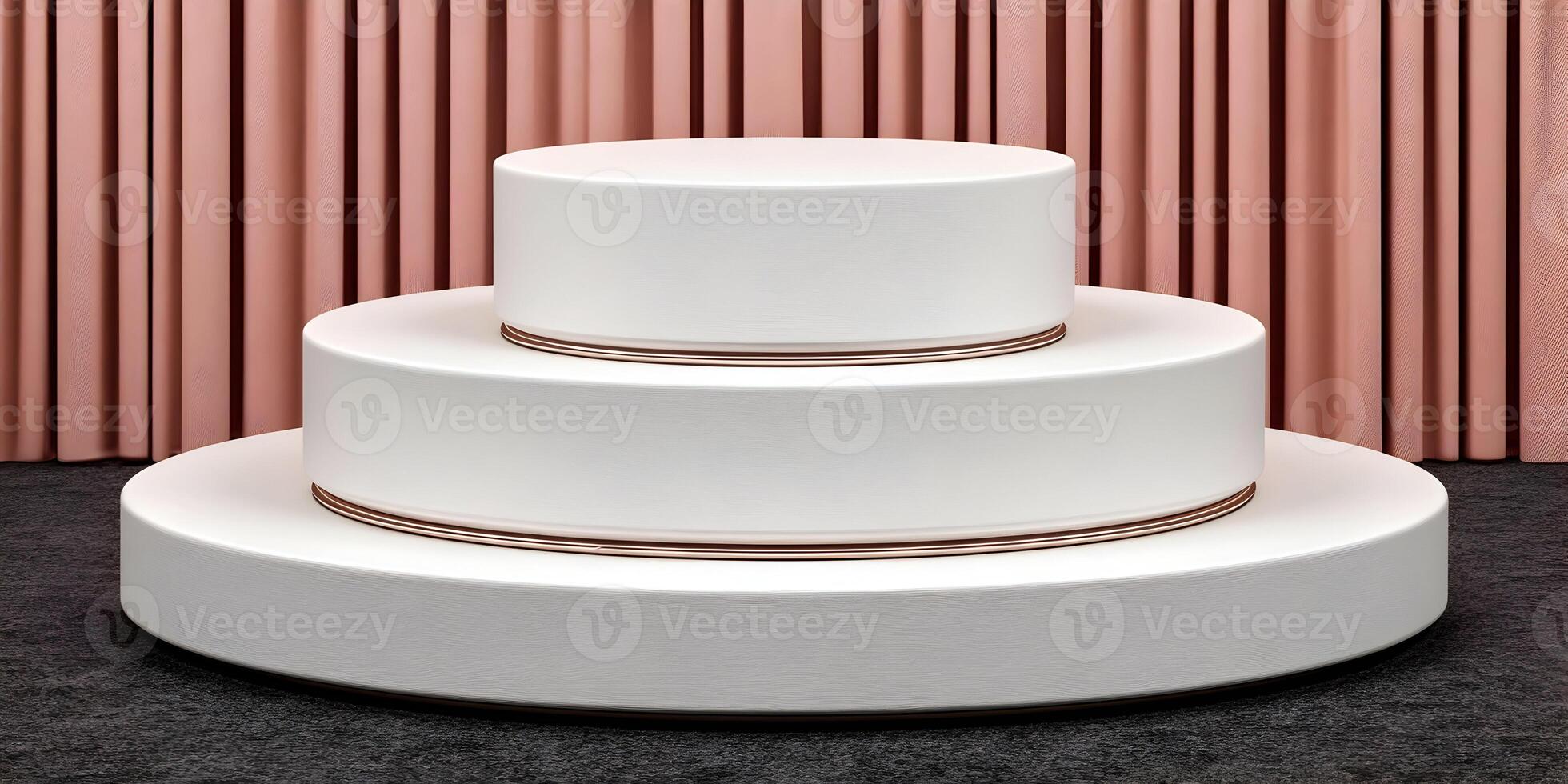 Three Tiered White Round PodiumRose Gold Accents Pink Curtain Background photo