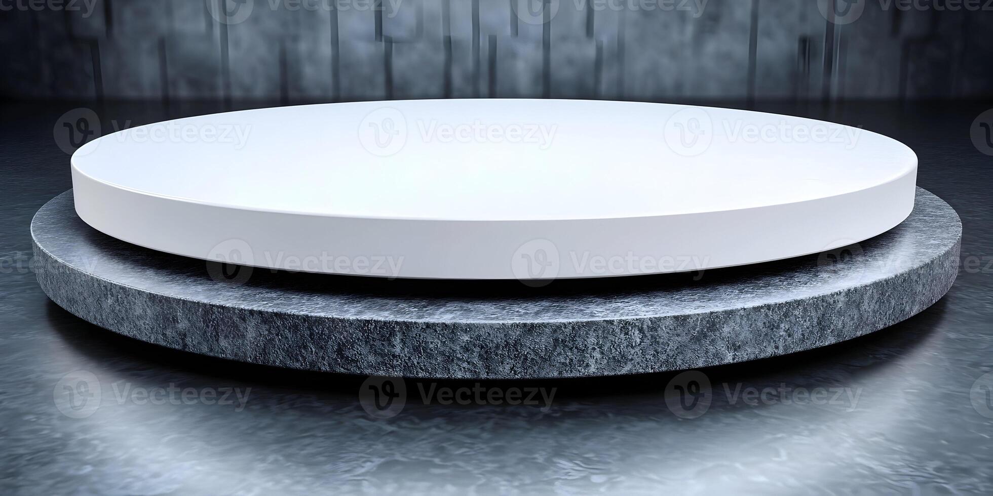 White Round Display Platform on Gray Stone Base Dark Background photo