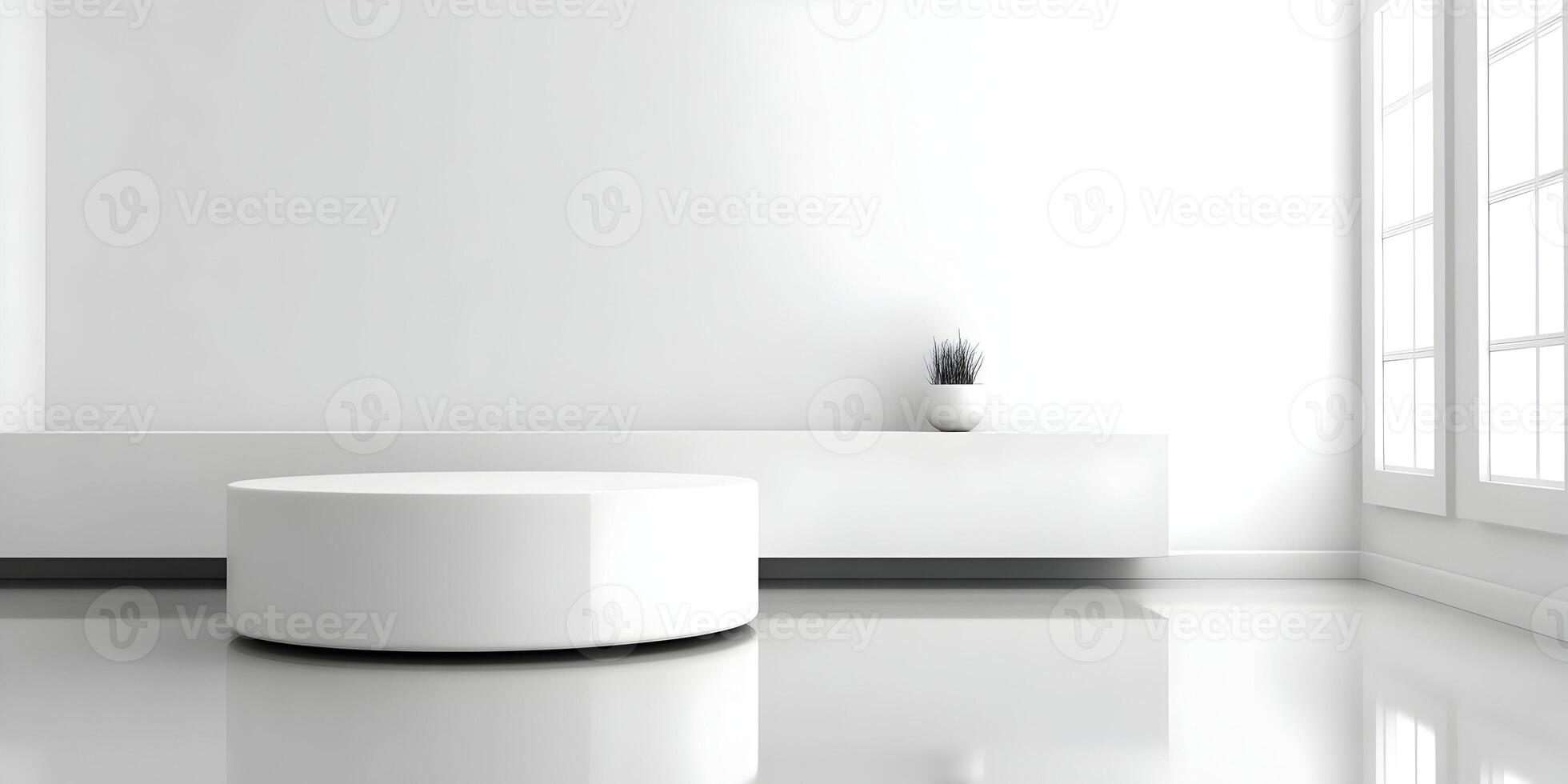 White Minimalist Room Interior Design with Cylindrical Pedestal and Plant photo