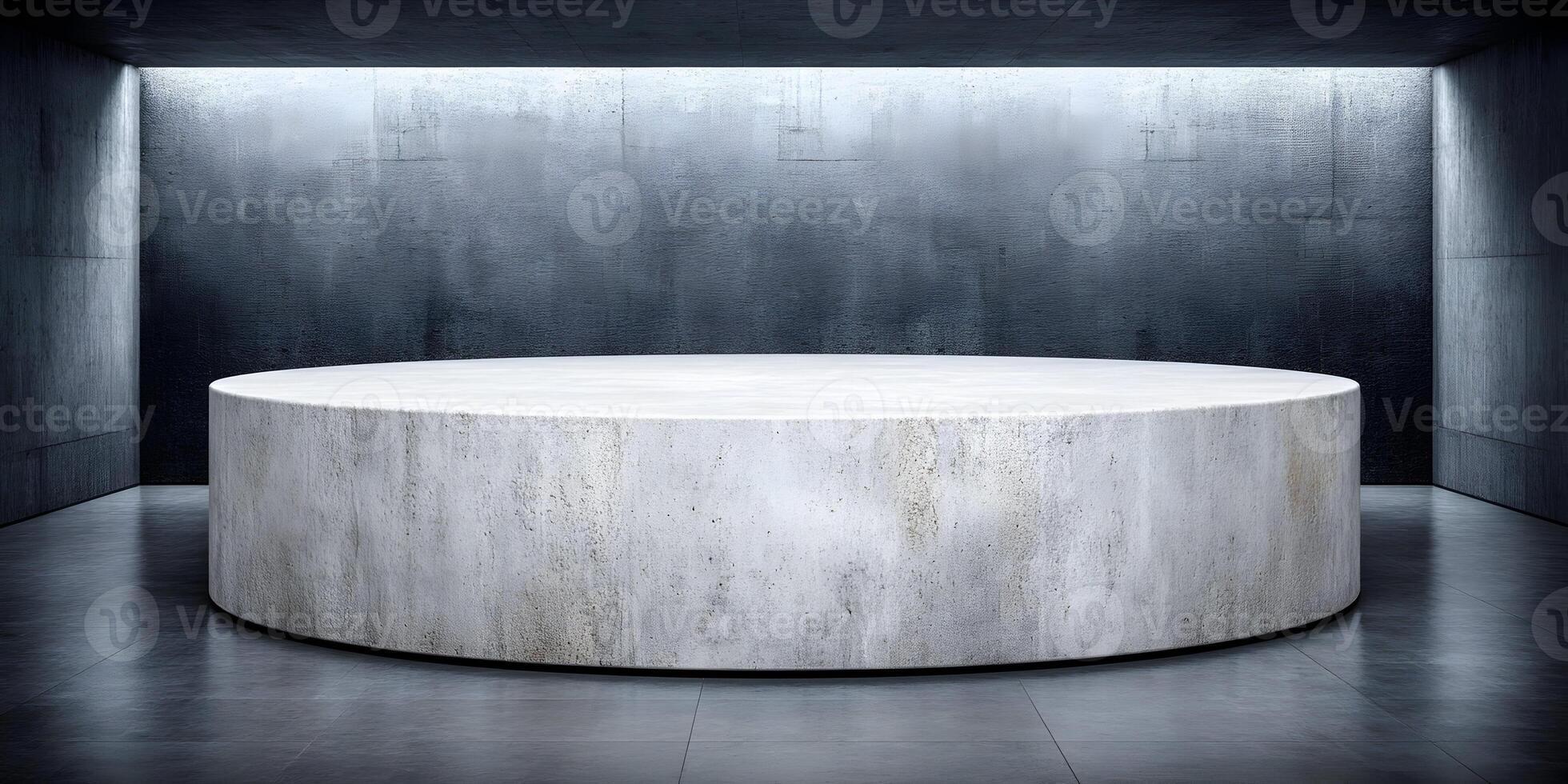 a round table in a dark room with concrete walls photo