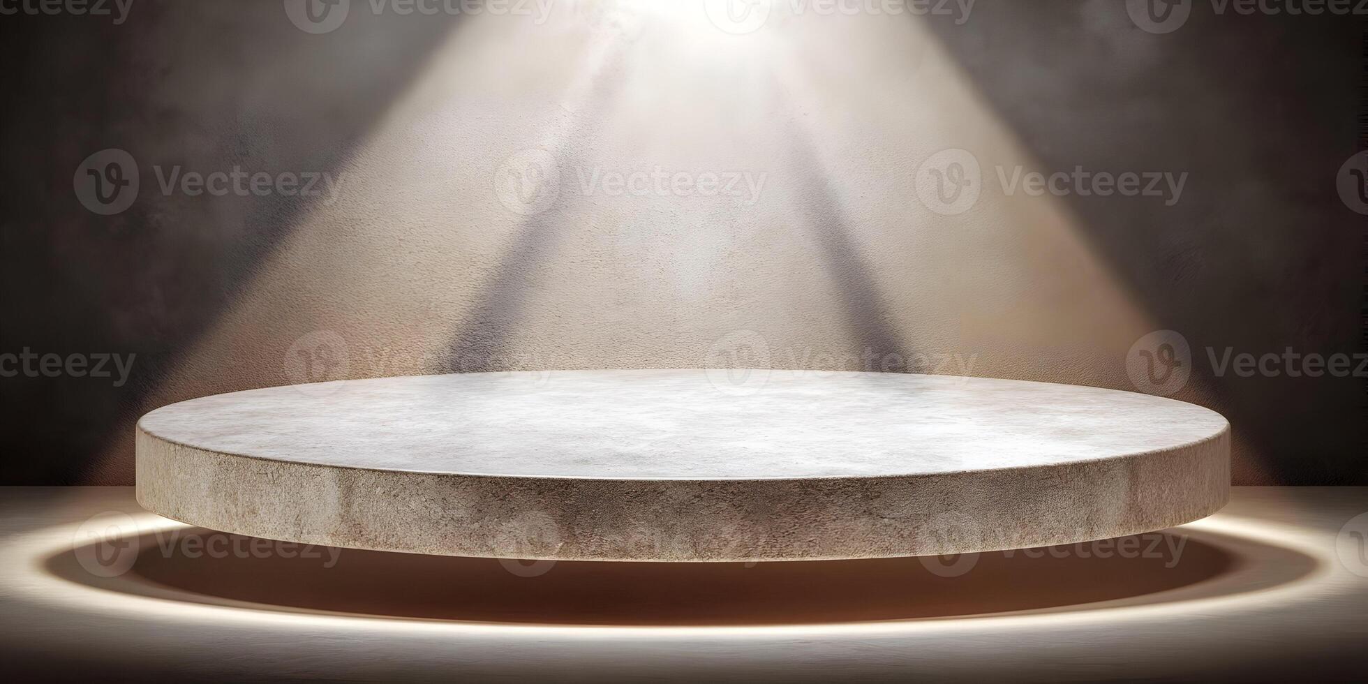 Round Stone Pedestal Display Platform Beige Concrete Texture Background Studio Lighting photo