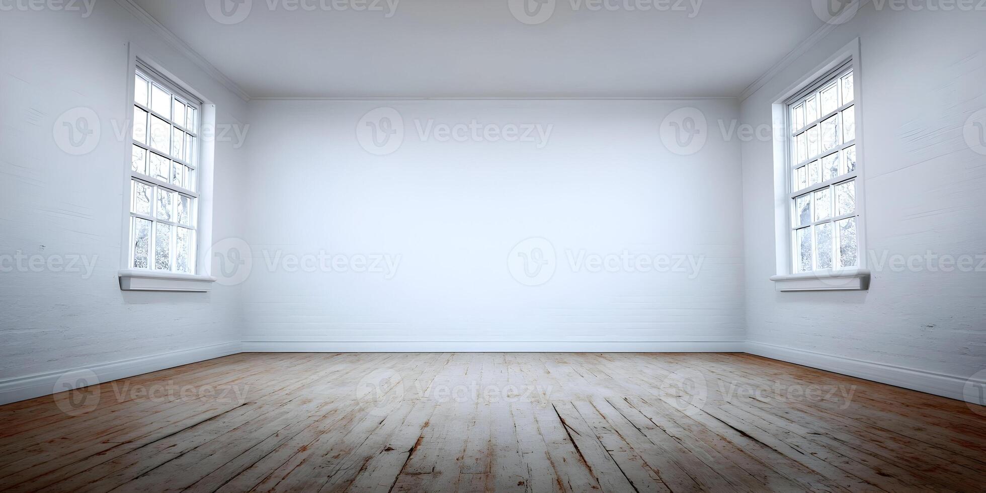 Empty White Room with Wooden Floor and Two Windows photo