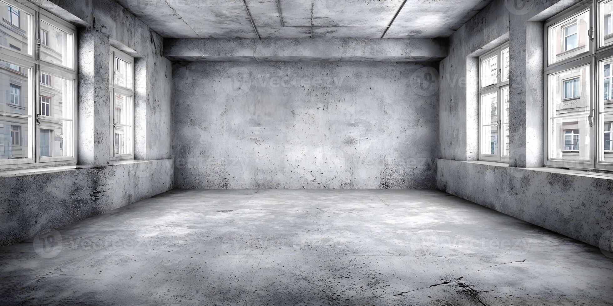 Empty Room Concrete Walls Floor Large Windows Building Interior photo