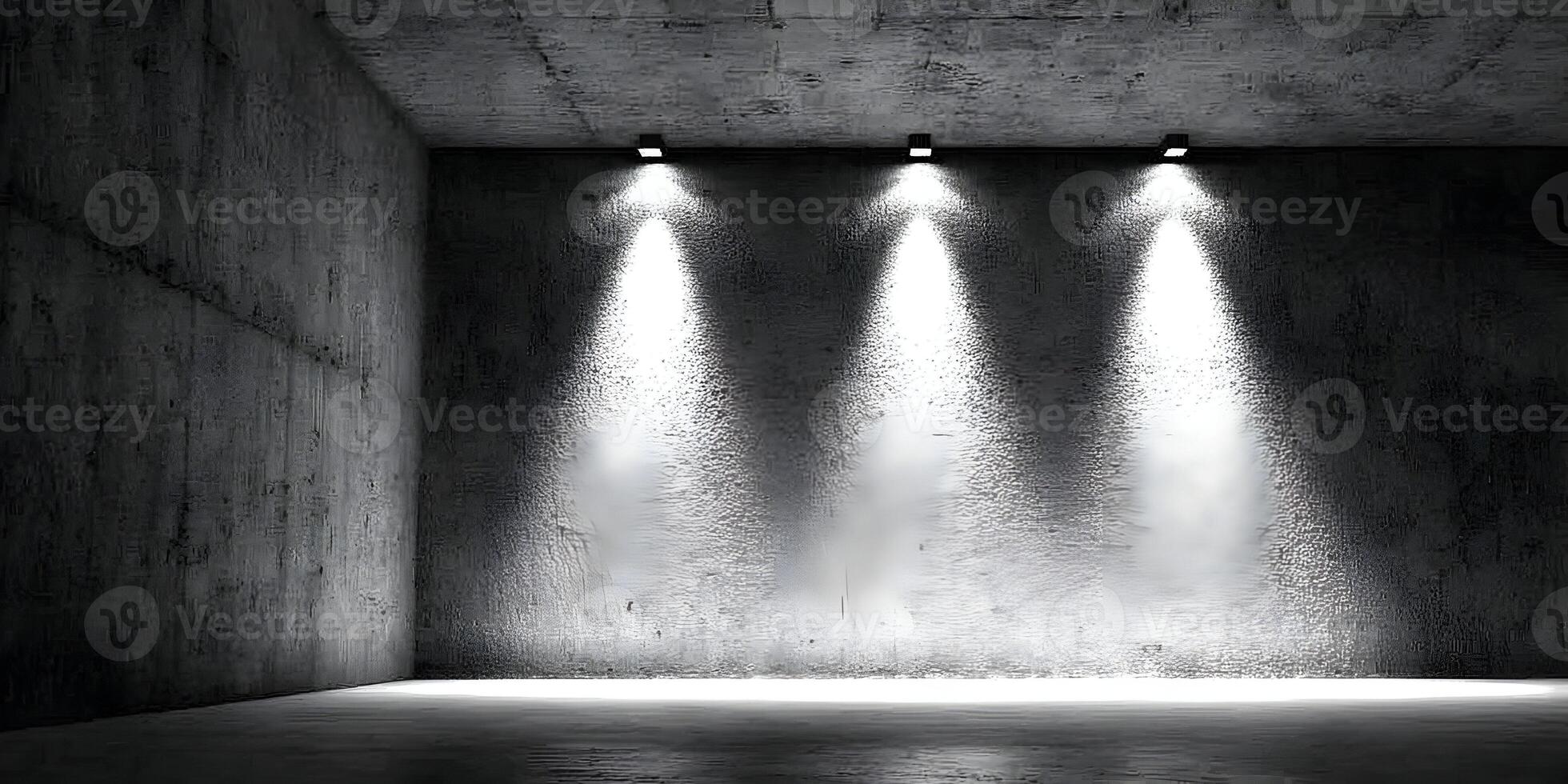 Three Spotlights Illuminating Empty Concrete Room Dark Grey Monochrome photo
