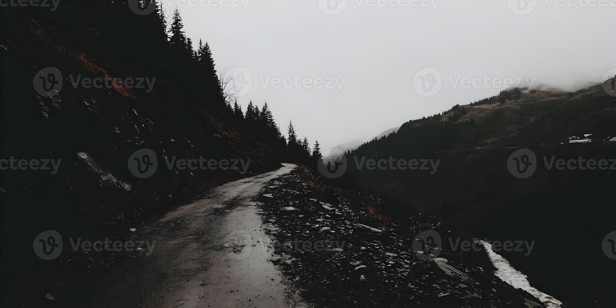 Misty Mountain Road Winding Through Dark Forest Landscape photo