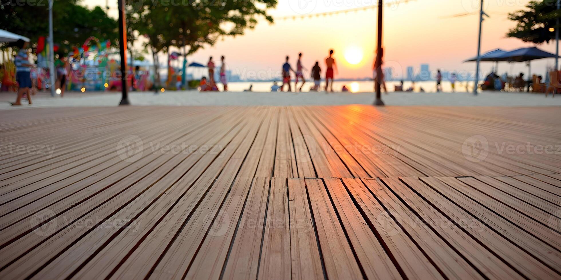 Sunset Beach Wooden Deck People Relaxing Summer Vacation Scene photo
