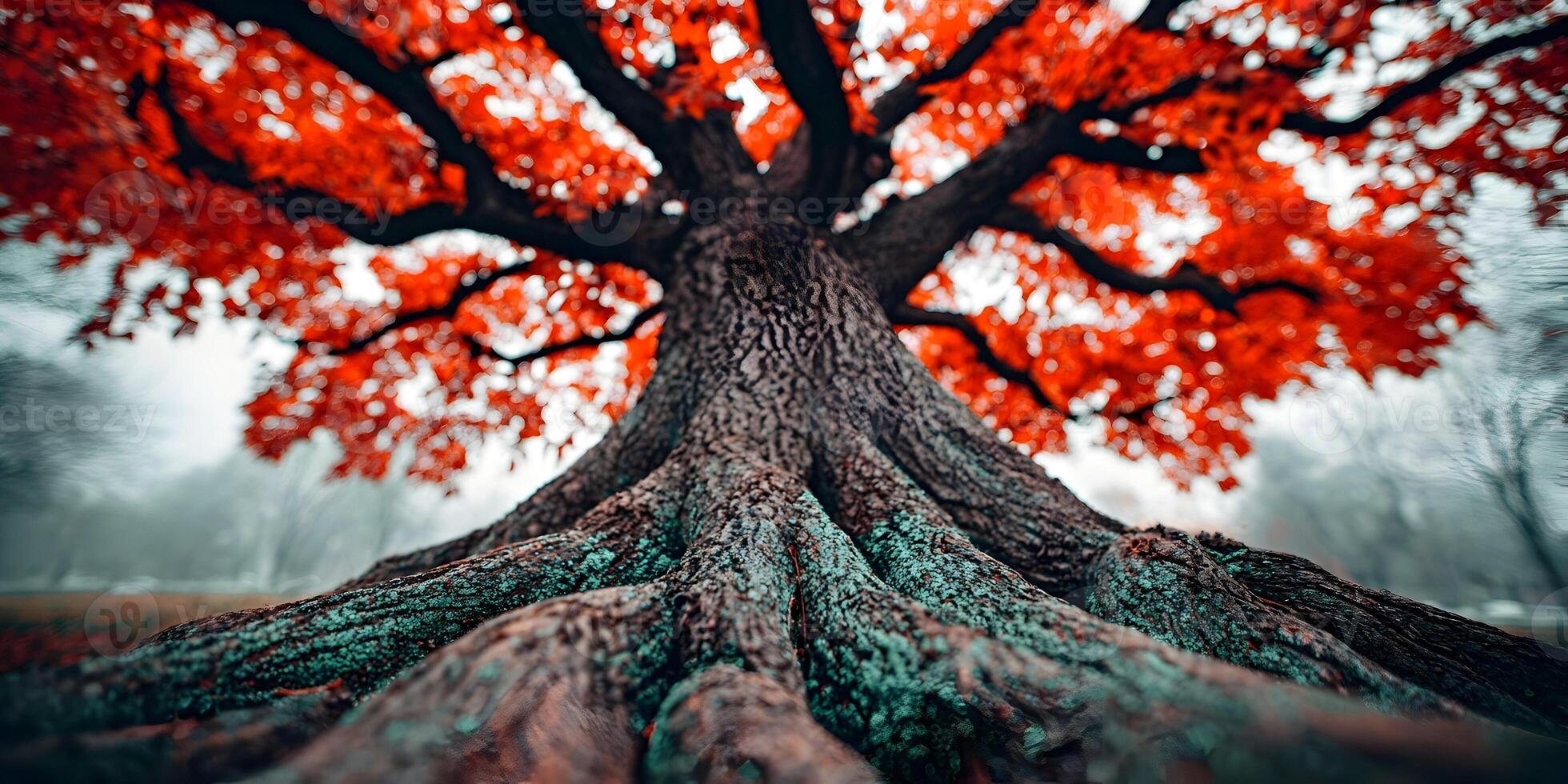 Low Angle View of Large Tree with Red Autumn Leaves and Exposed Roots photo