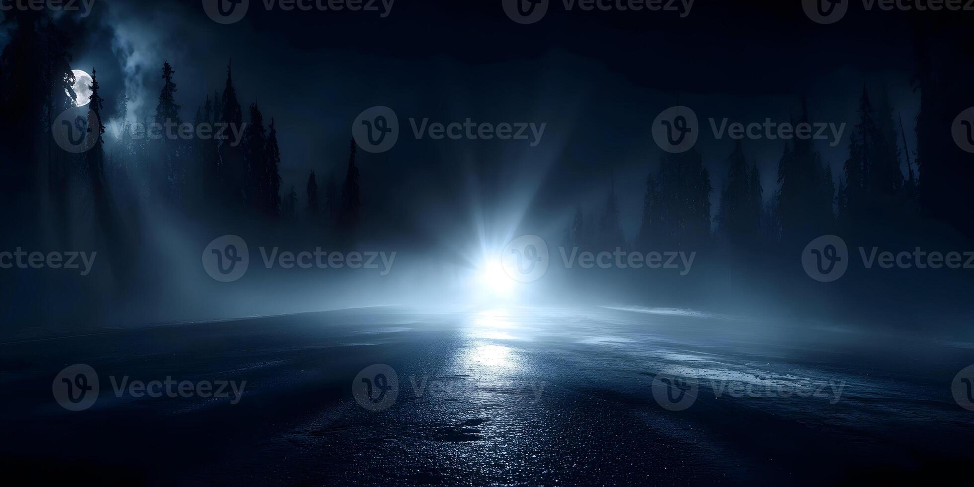 Night Scene Dark Forest Snow Moonlight Road Car Headlights photo