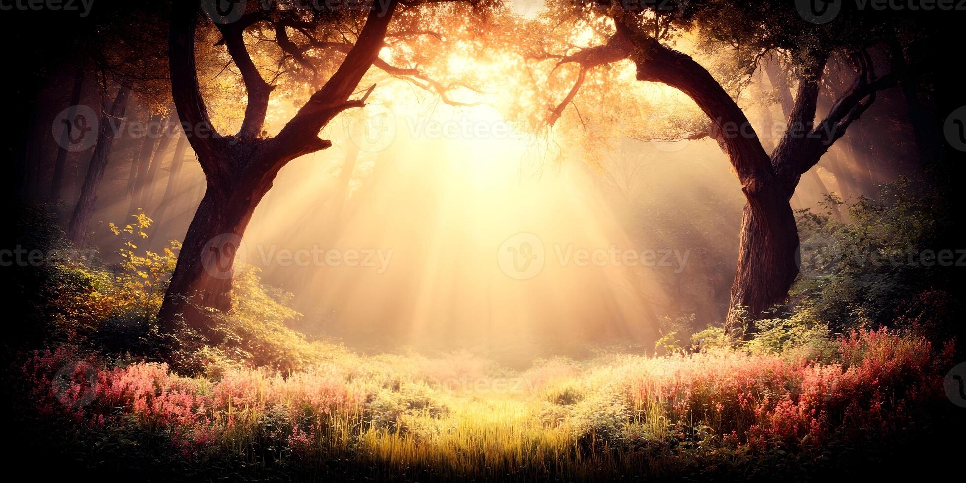 Sunbeams in Misty Forest with Pink Flowers Two Trees photo