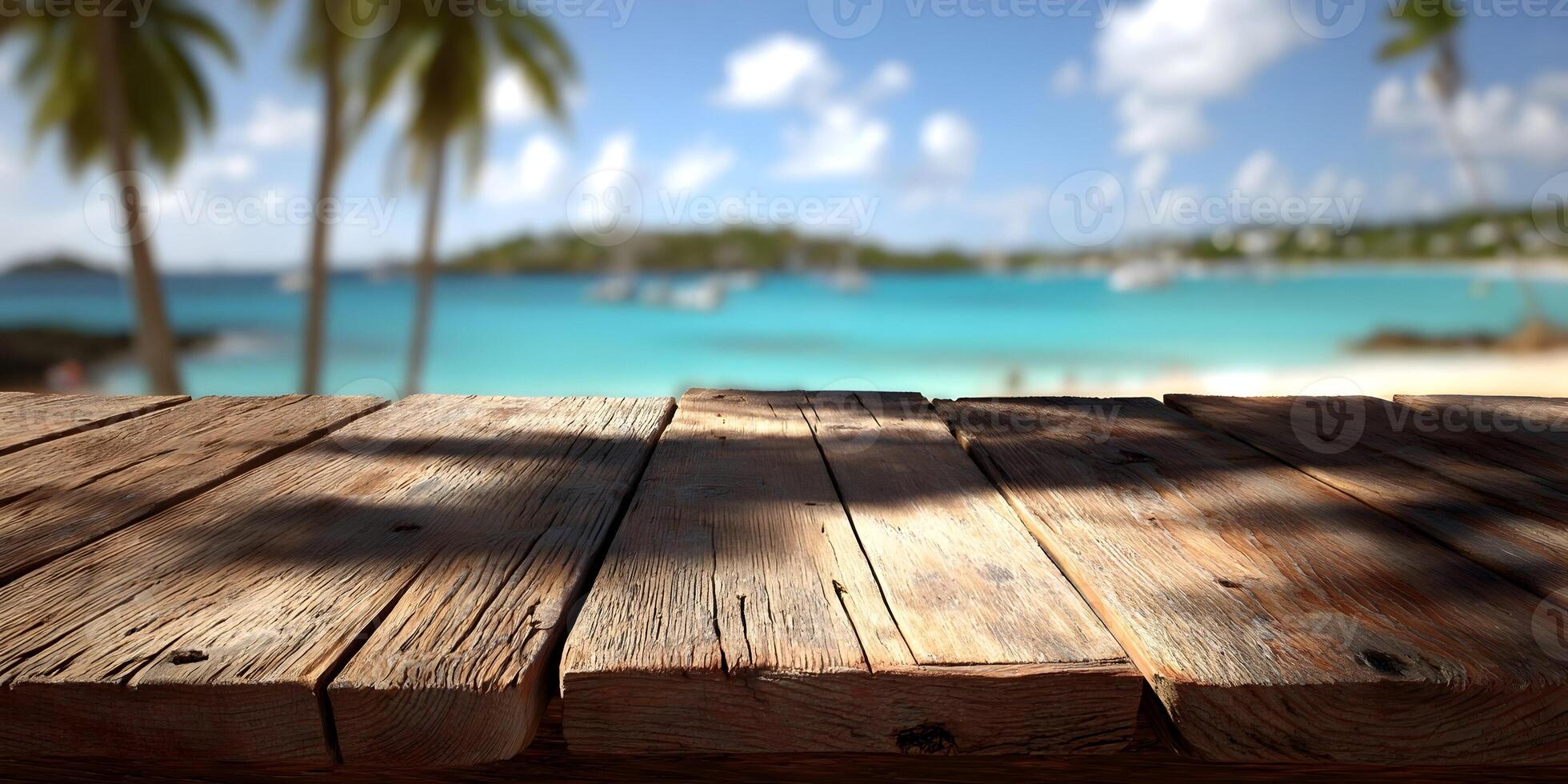Rustic Wooden Tabletop Summer Beach Scene Palm Trees Turquoise Water Boats photo