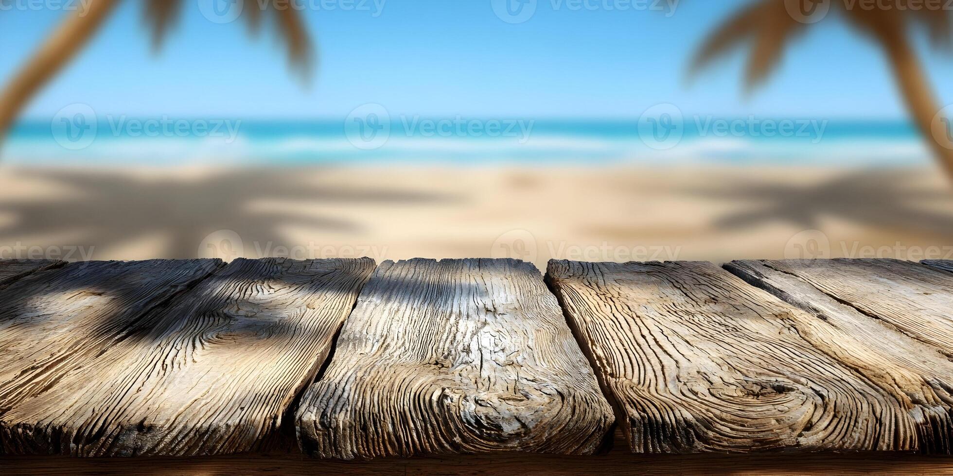 Beach Summer Wooden Table Top BackgroundOcean View Palm Tree Shadows photo