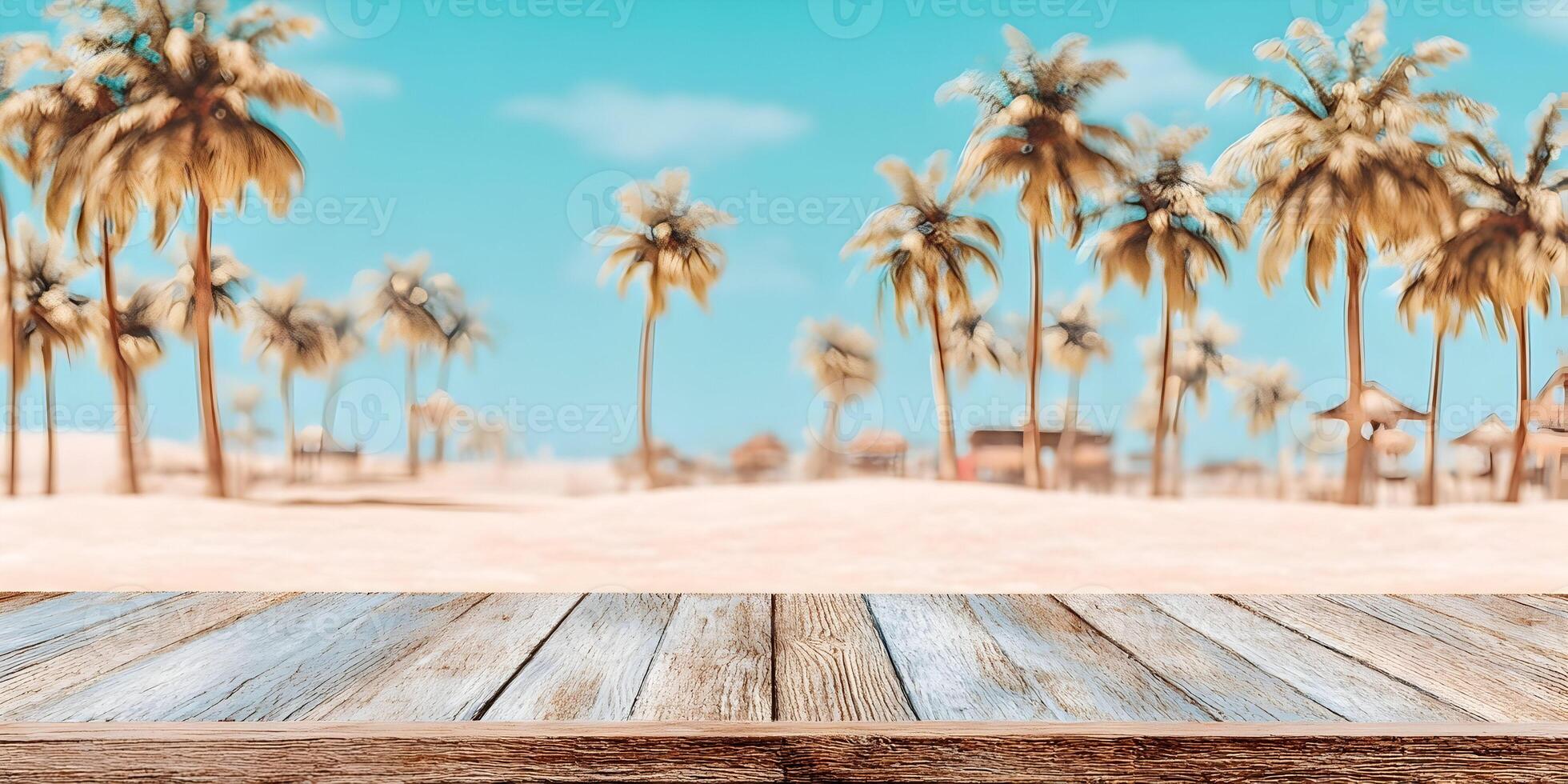 wooden table top on beach with palm trees photo