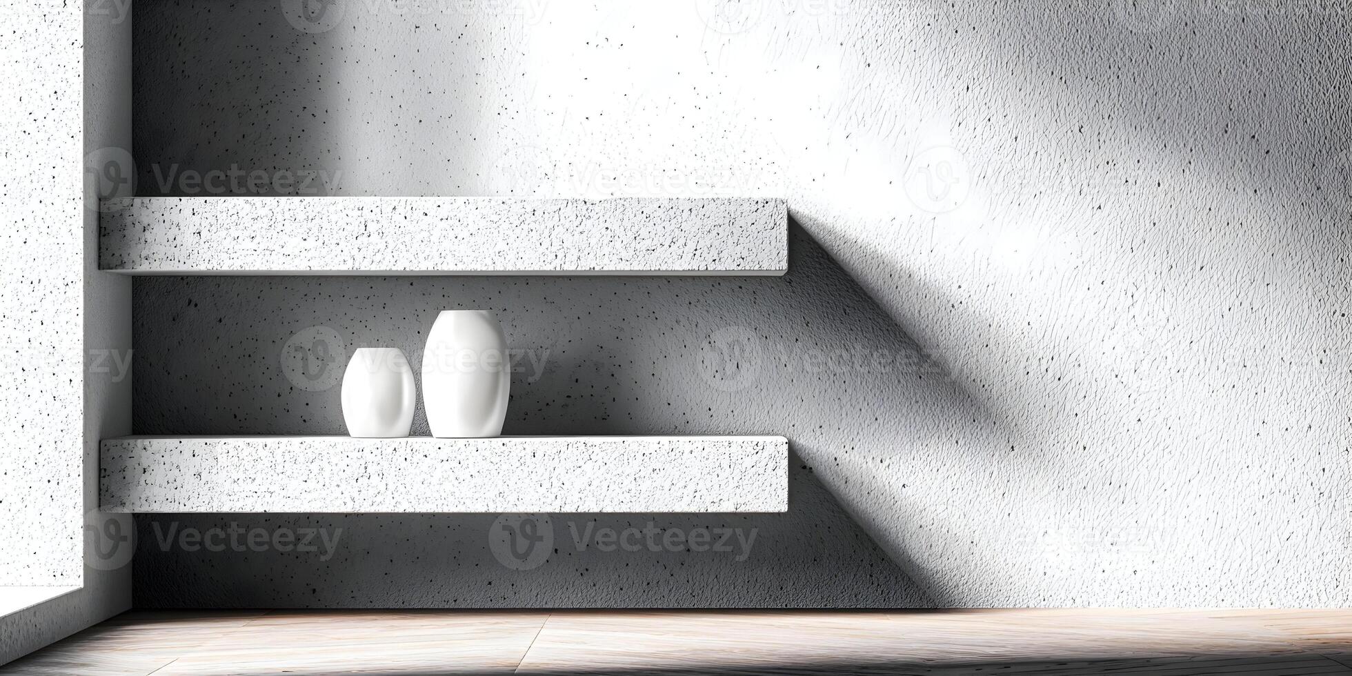 Two White Ceramic Vases on Modern Concrete Shelves Minimalist Home Decor photo