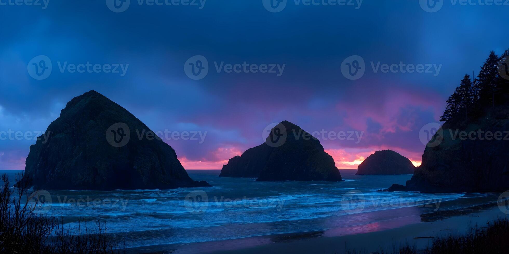 Ocean Coastline Sunset Three Rocks Dark Silhouette Pink Purple Sky photo