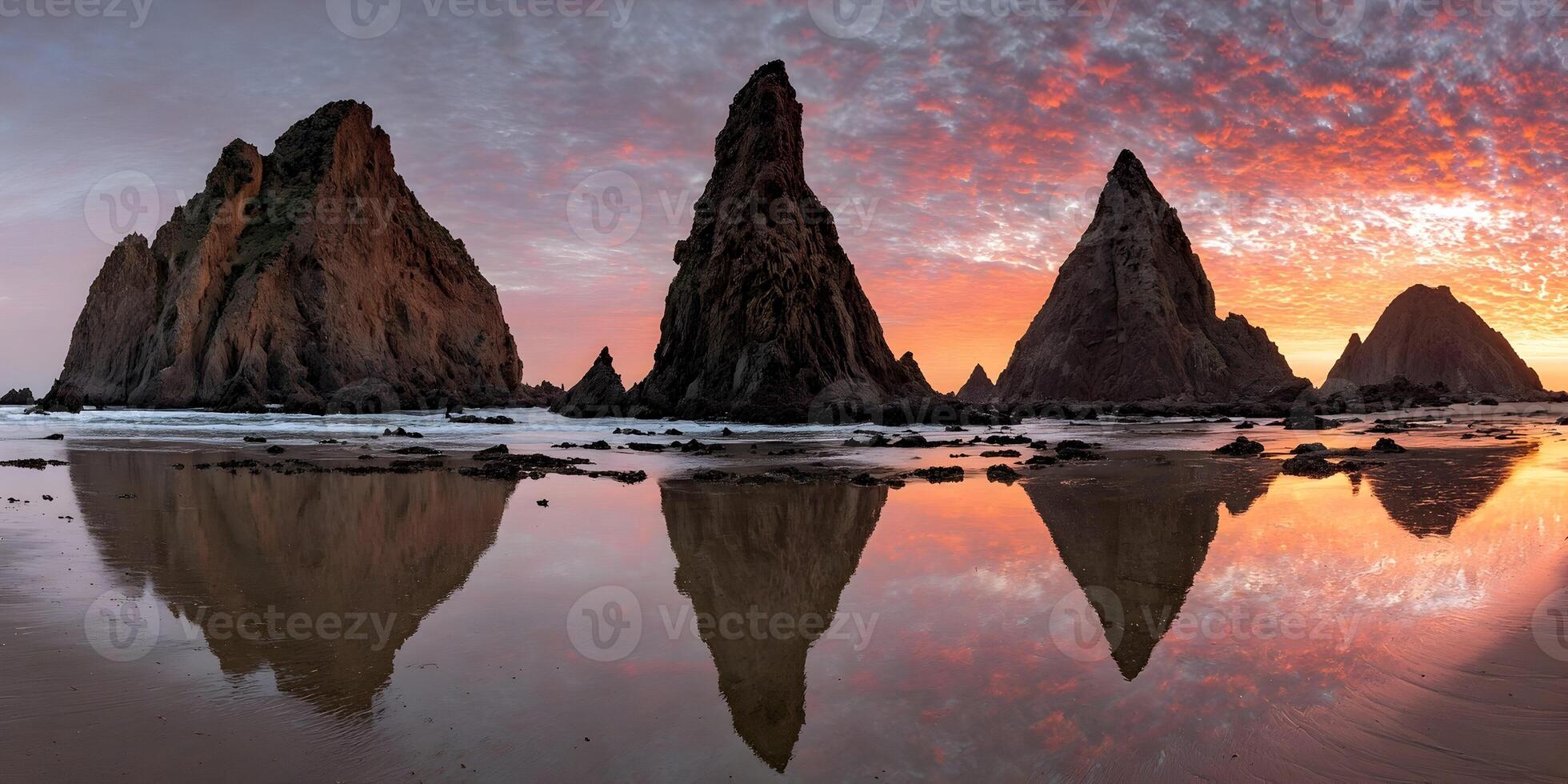 Sunset Beach Scene with Four Rock Formations Reflecting in Calm Water photo
