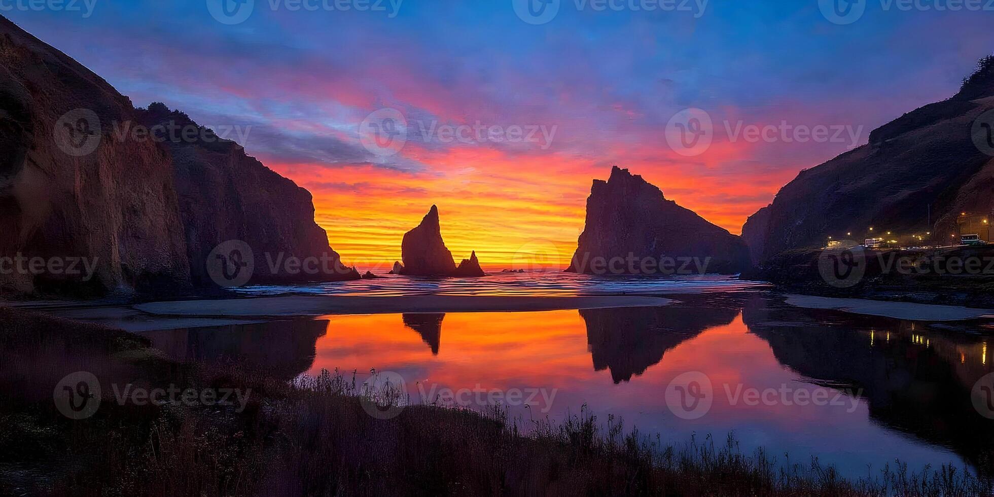Stunning Sunset over Ocean Beach with Rocky Cliffs and Reflections photo