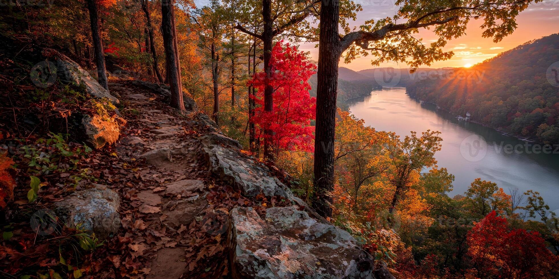 the sun sets over a river and trees in autumn photo