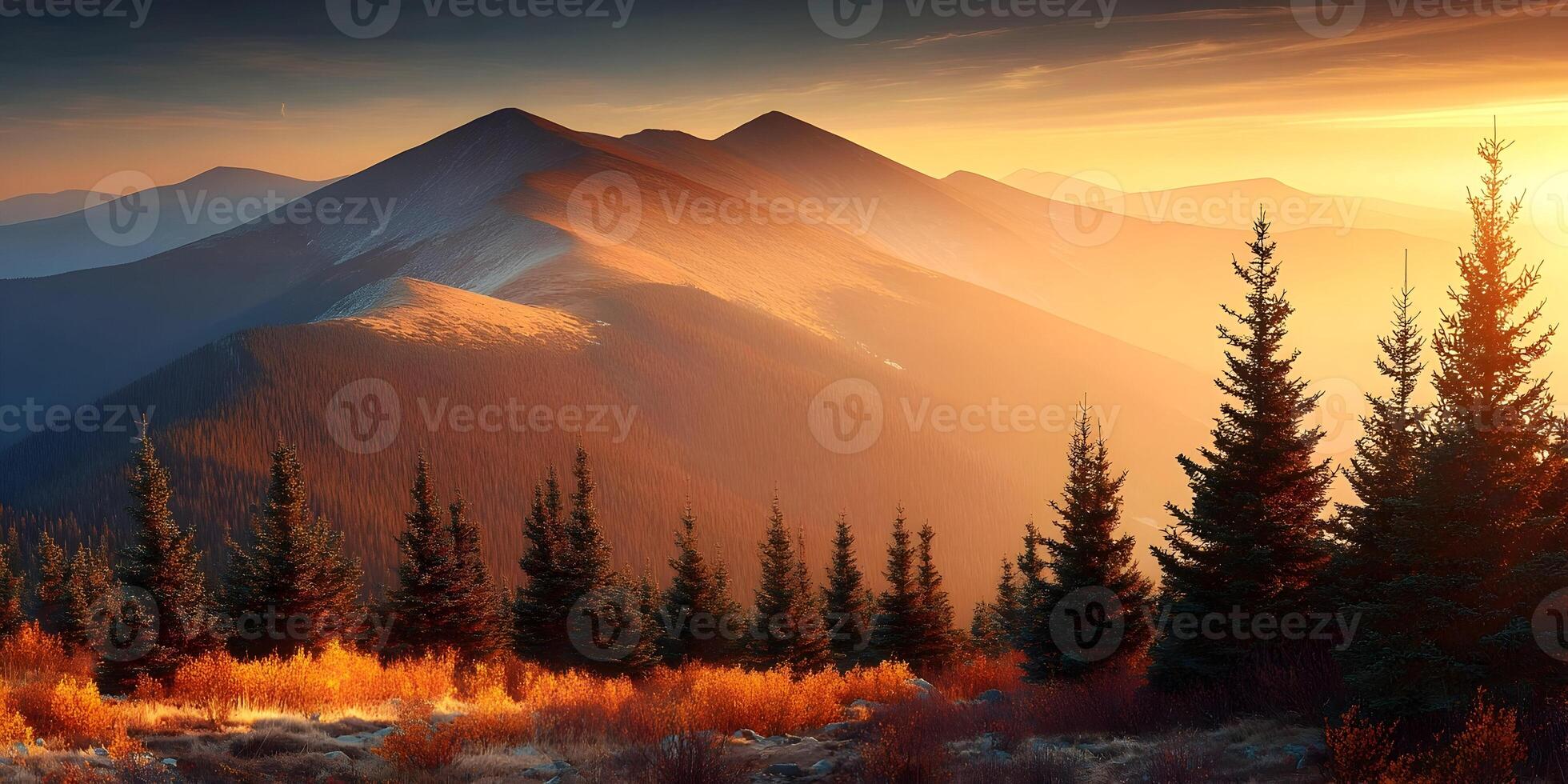 Autumn Sunrise Mountain Range Golden Hour Forest Trees Landscape photo