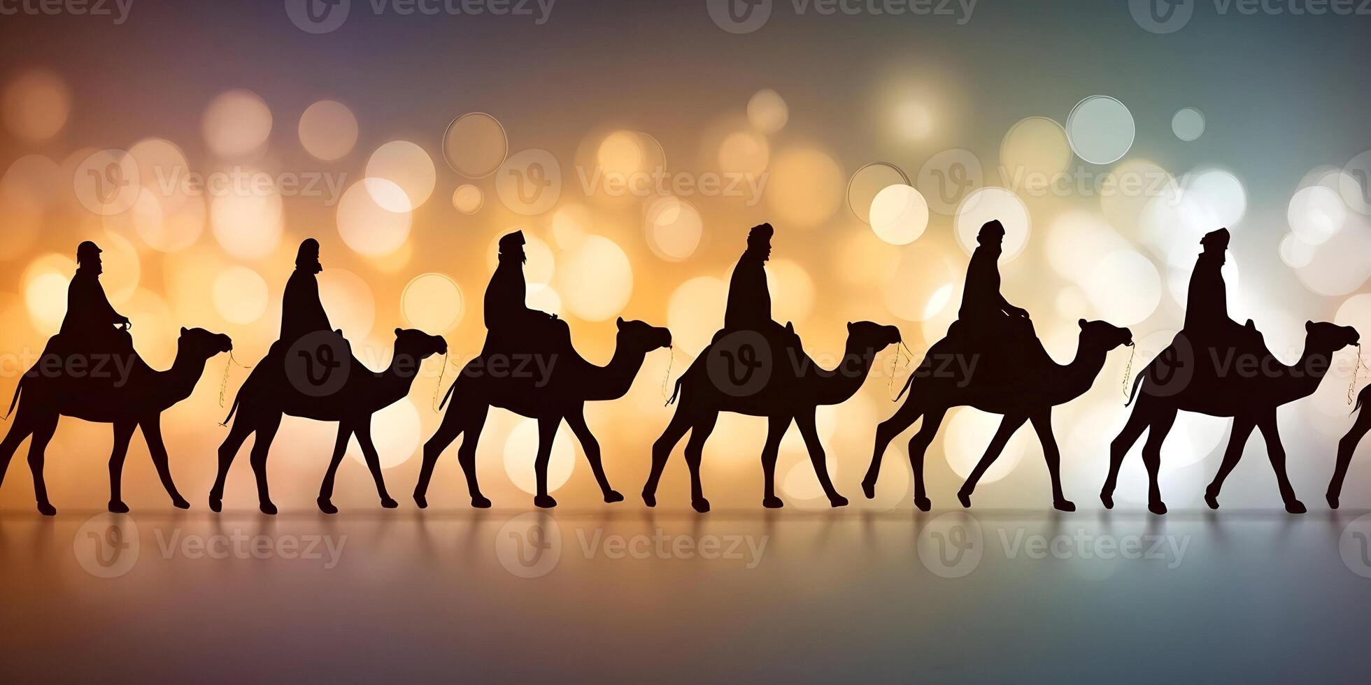 Silhouette of Three Wise Men Riding Camels on Festive Bokeh Background photo