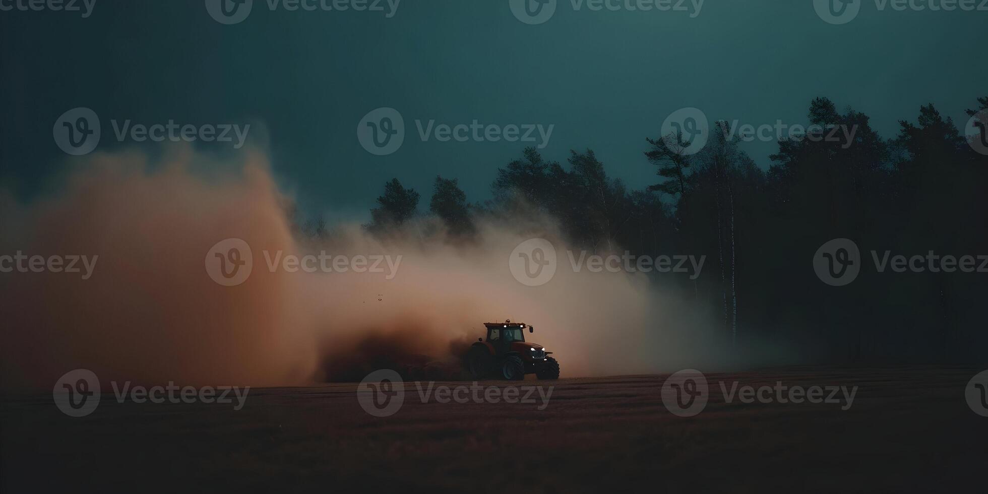 Tractor Working at Dusk Dust Cloud Farmland Field Agriculture Machinery photo