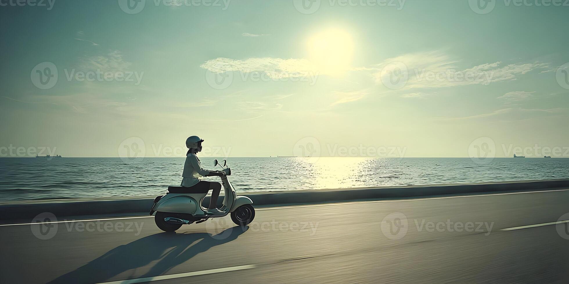 Woman Riding Scooter Coastal Road Sunset Ocean View photo