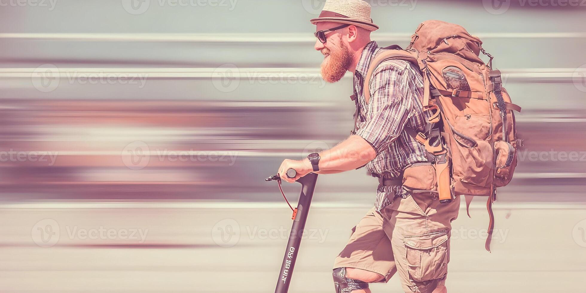 Bearded Man Riding Electric Scooter with Backpack Summer Travel photo