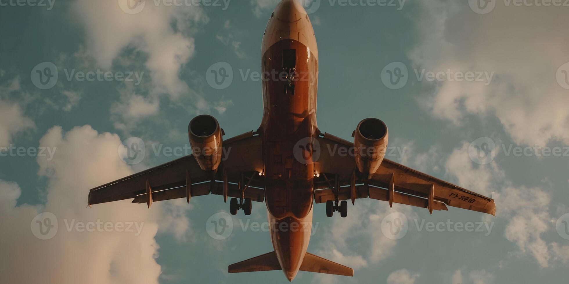 Airplane Landing Below Cloudy Sky View from Below photo