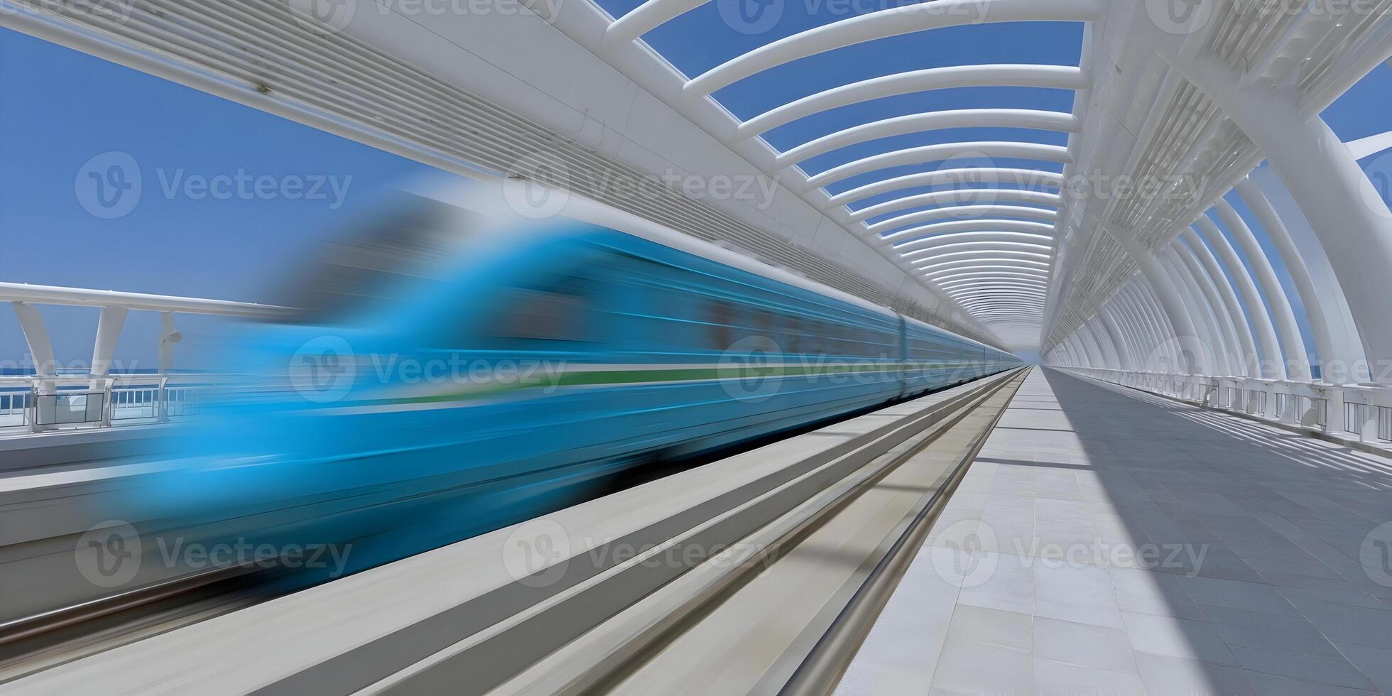 High Speed Train Modern Railway Station Blue Train FastTransportation Urban Transit System Elevated Railway Platform photo