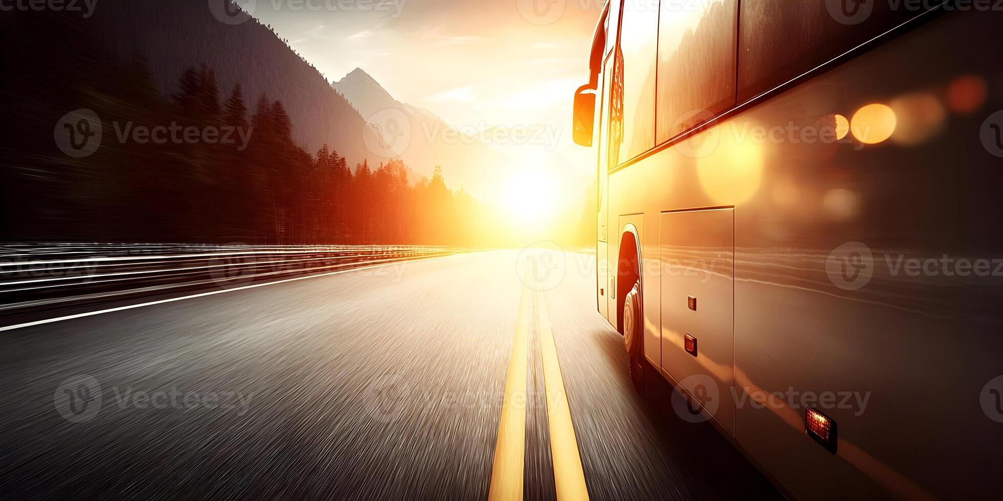 Bus Driving on Asphalt Road at Sunset Mountain Landscape photo