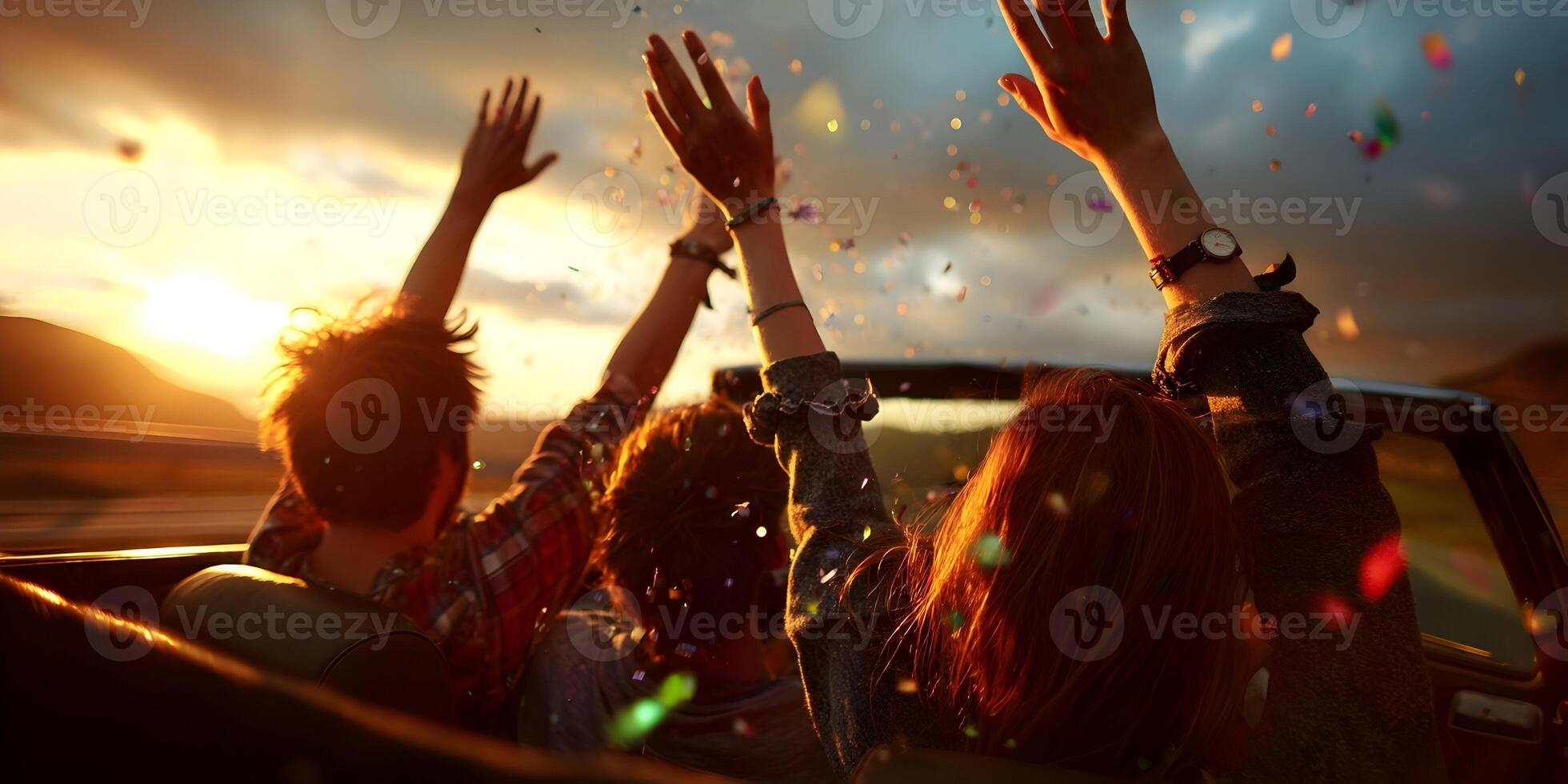 Happy Friends Celebrating in Convertible Car at Sunset Colorful Confetti Festive Road Trip photo