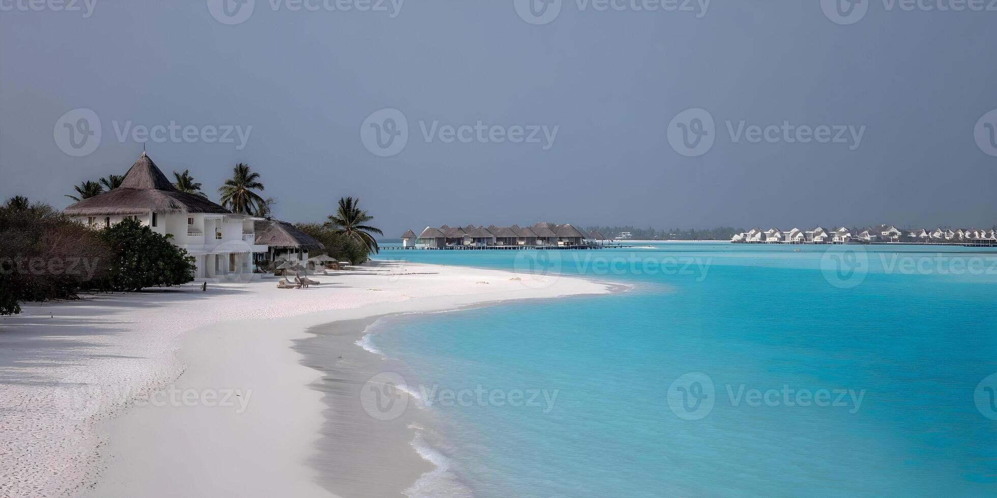 Tropical Island Beach Resort White Houses Turquoise Water Palm Trees photo