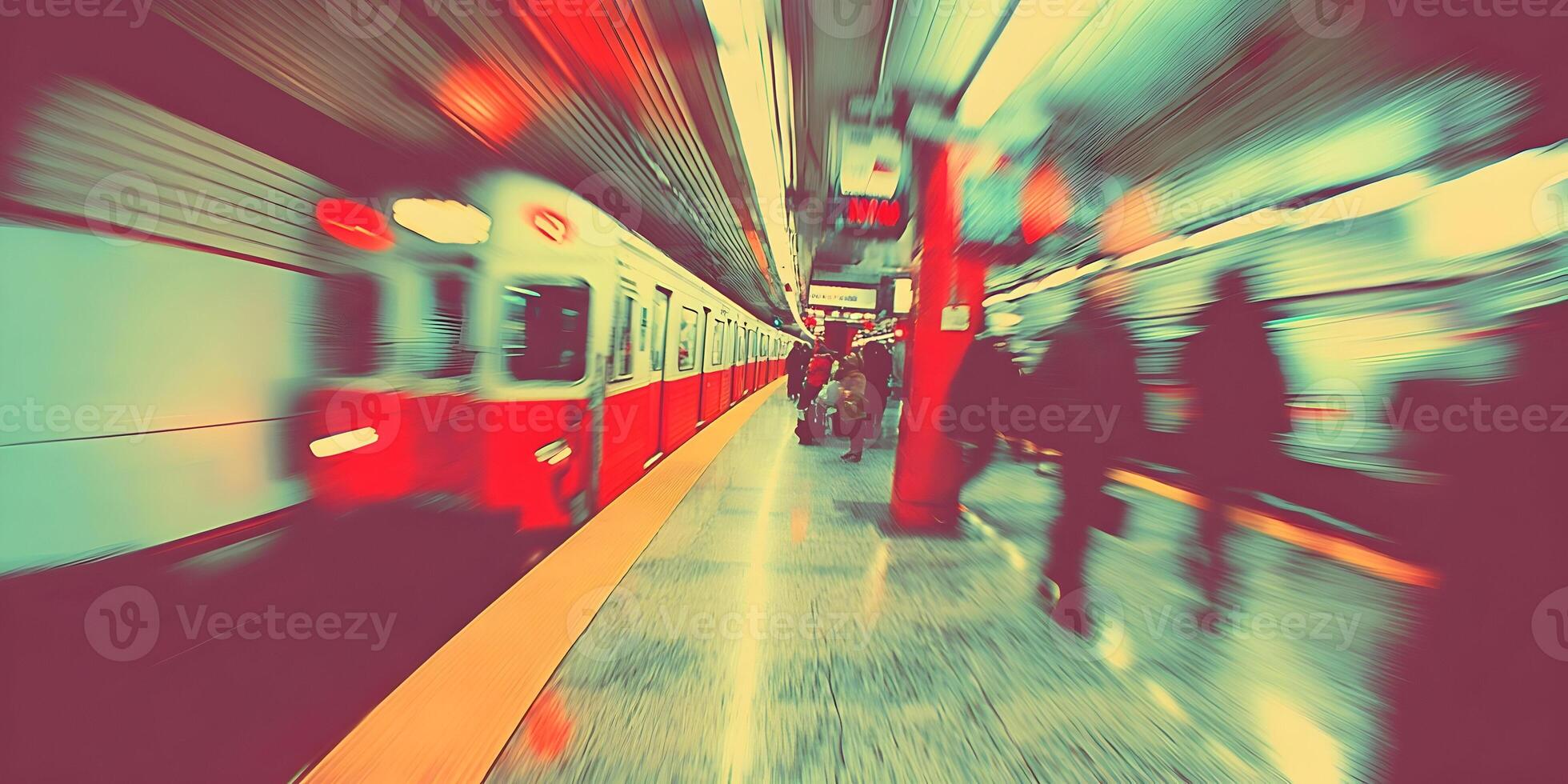 Subway Train Blurred Motion Passengers Platform Red White Train Car photo