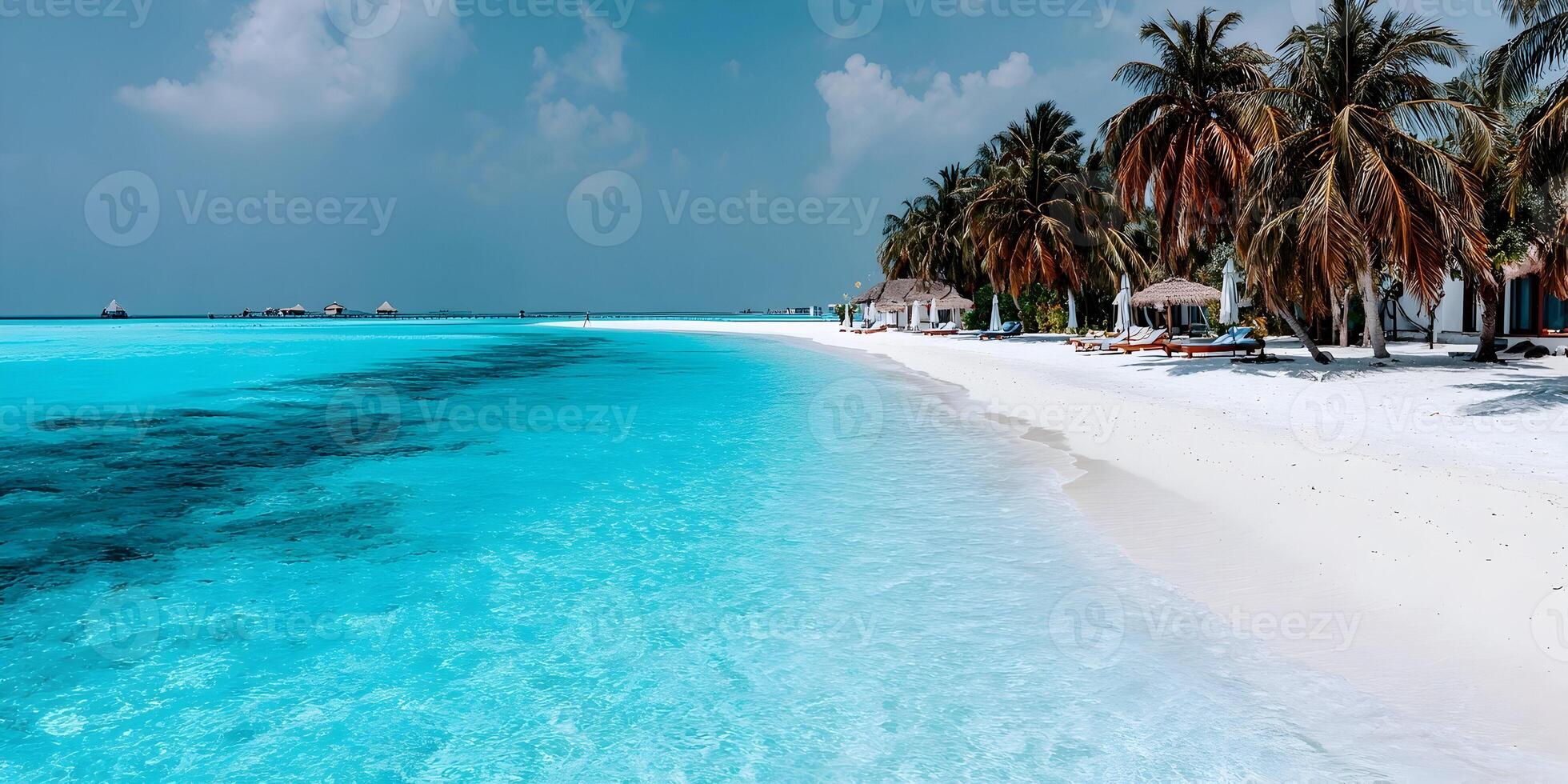 Tropical Island Beach Scene Turquoise Water White Sand Palm Trees Beachfront Bungalows photo
