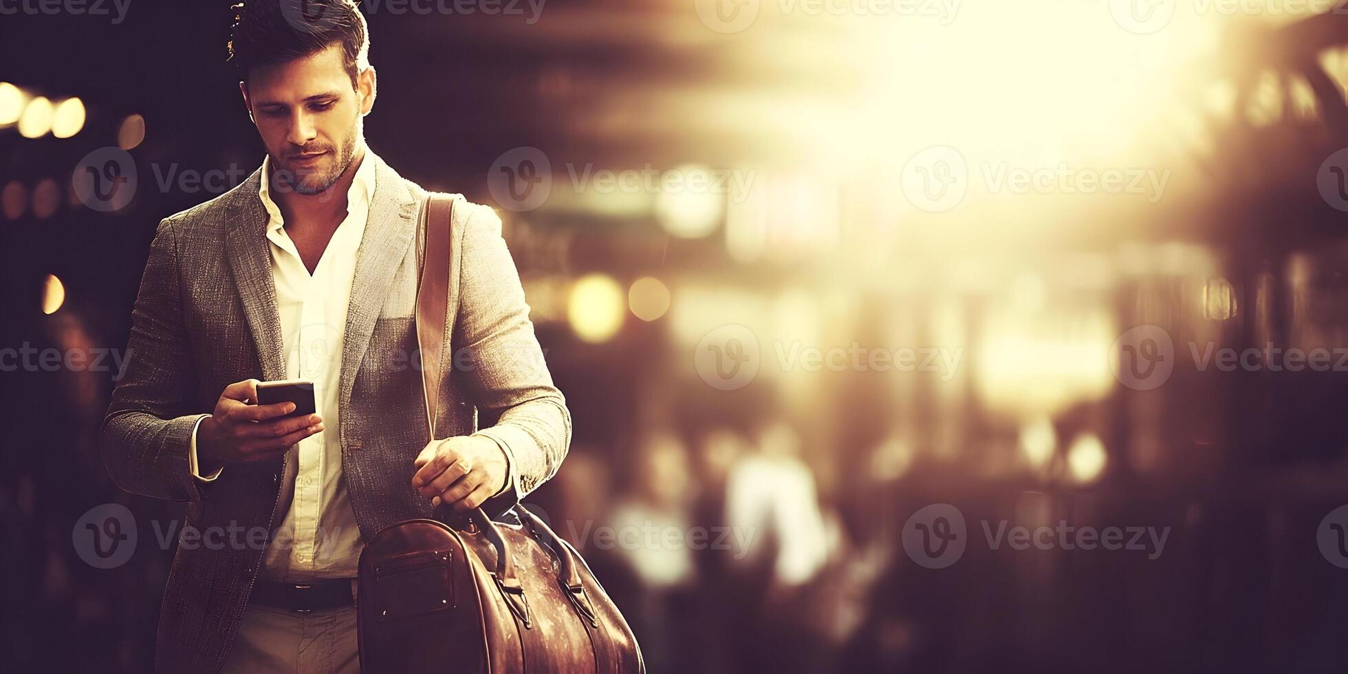 Man in Gray Suit Using Smartphone Walking Outdoors photo