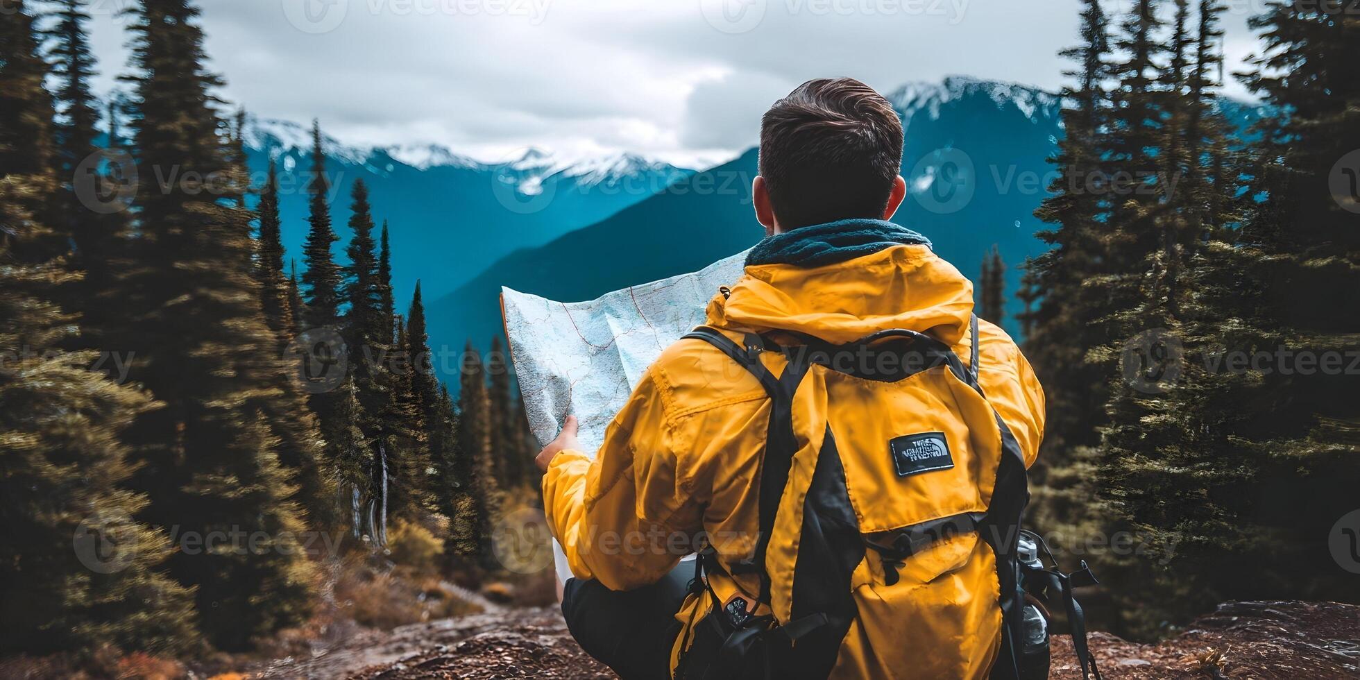 Man in Yellow Jacket with Backpack Studying a Trail Map in Mountains photo