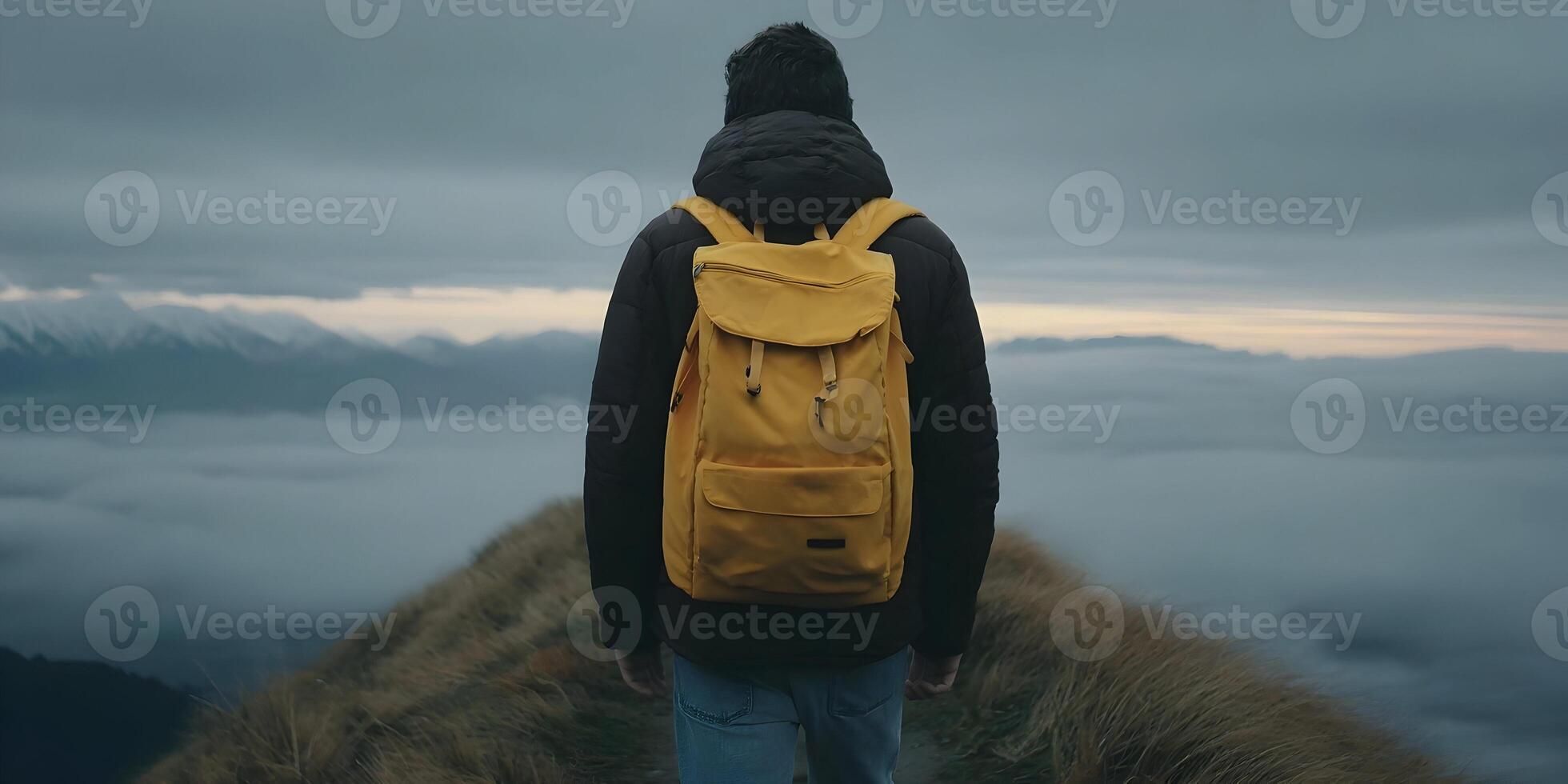 Man with Yellow Backpack Hiking Mountaintop Cloudy Landscape photo