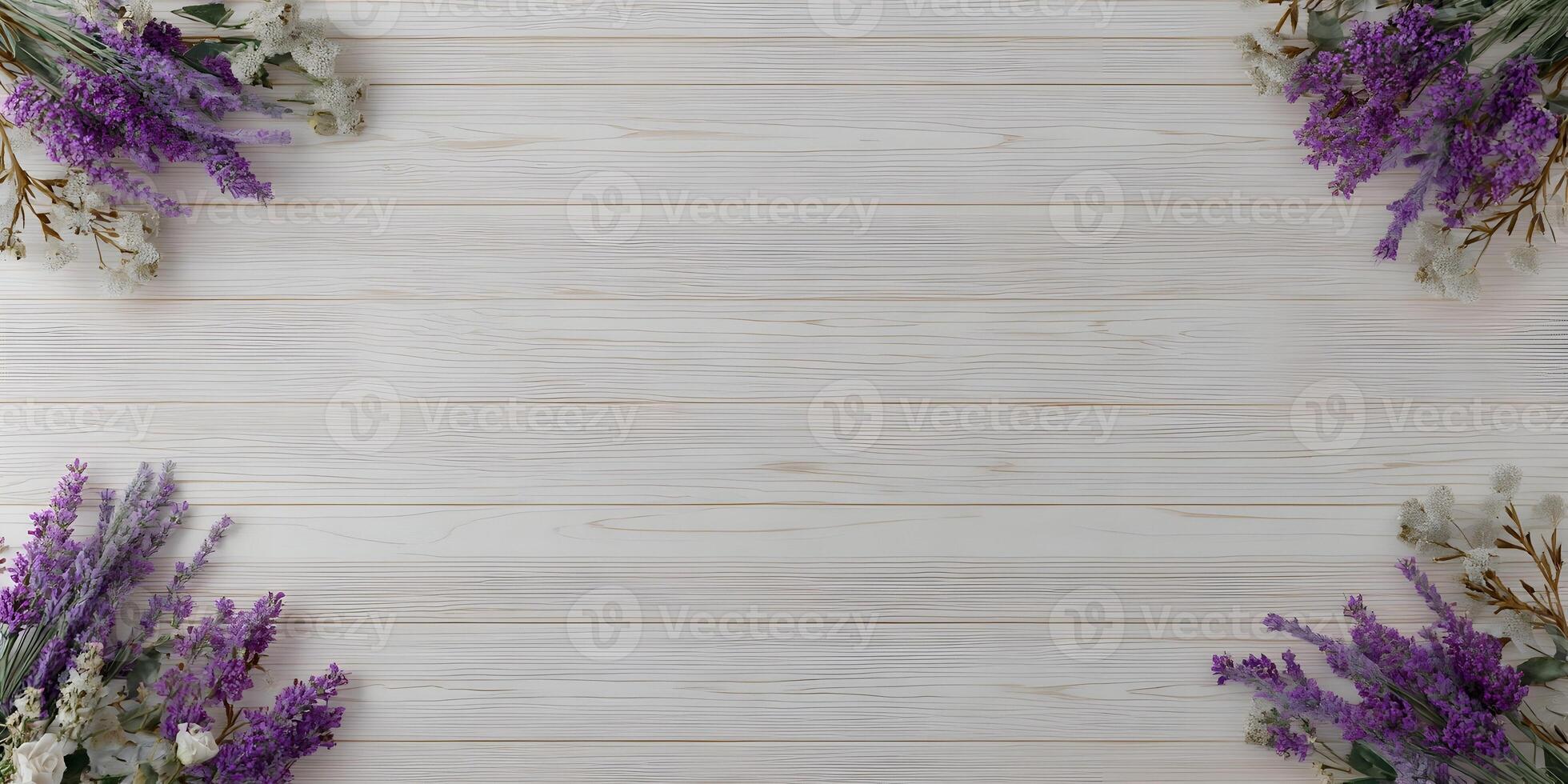 White Wooden Background with Purple Lavender Flowers Corners photo