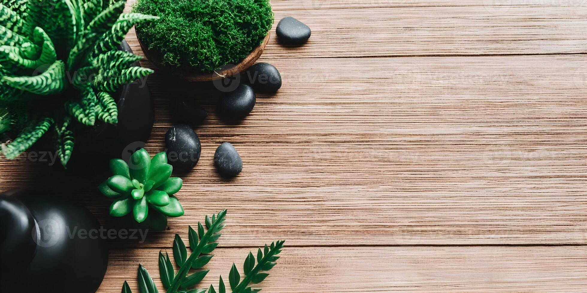 Spa Treatment Wellness Background Green Plants Black Stones Wooden Texture photo