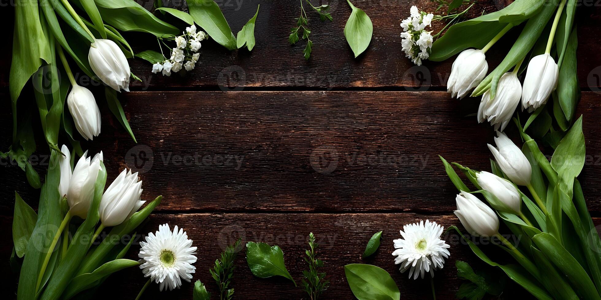 White Tulips and Flowers Wooden Frame Spring Background photo