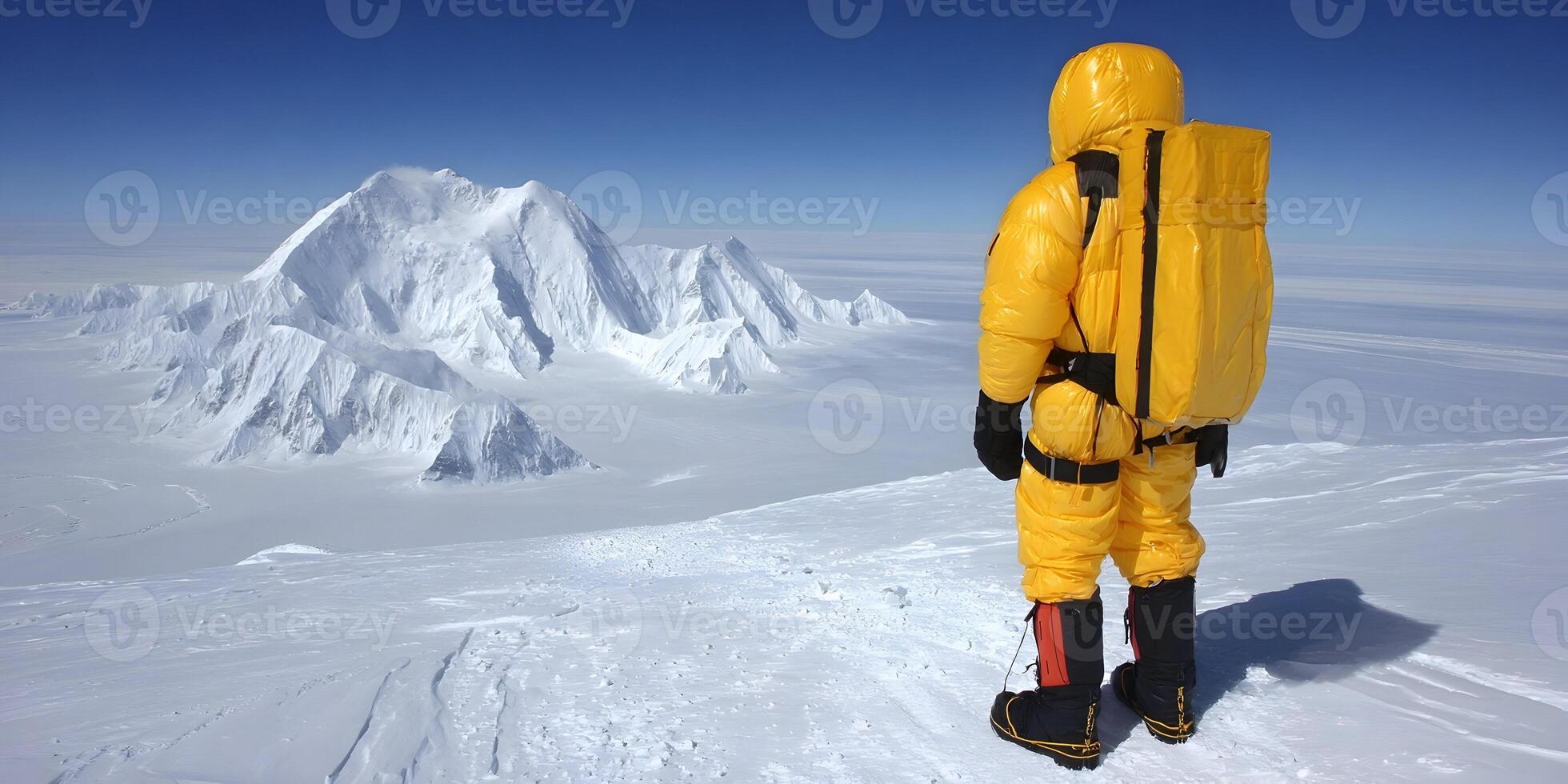 Climber in Yellow Suit Summit Snow Mountain Landscape photo
