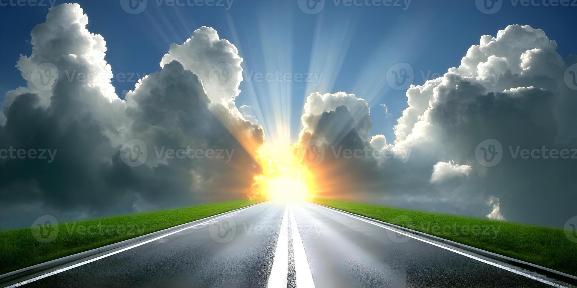 Asphalt Road Leading to Bright Sun Dramatic Sky Clouds Landscape photo