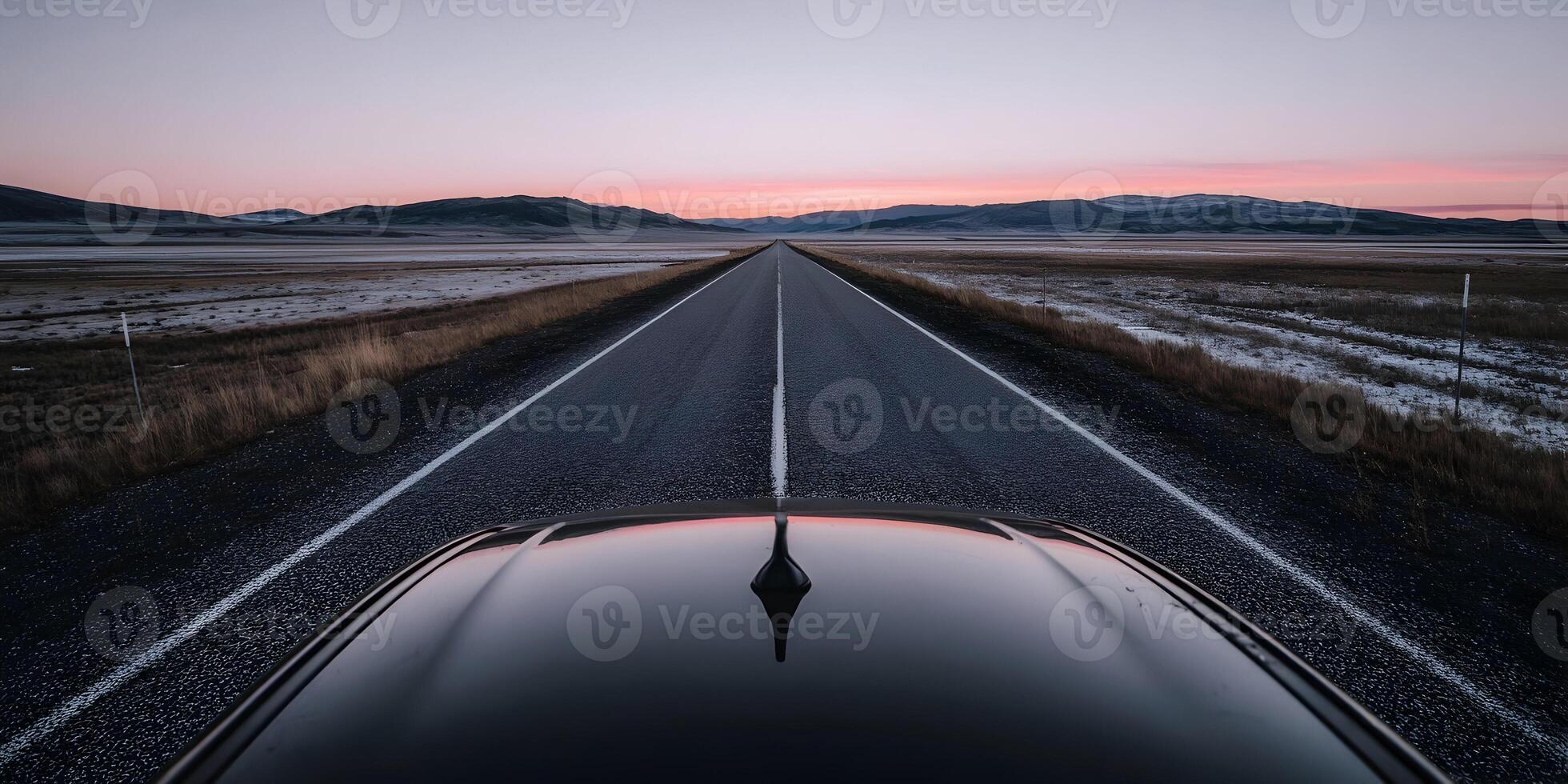 Open Road Scenic Drive at Sunset Winter Landscape Mountains Car Roof Top View photo